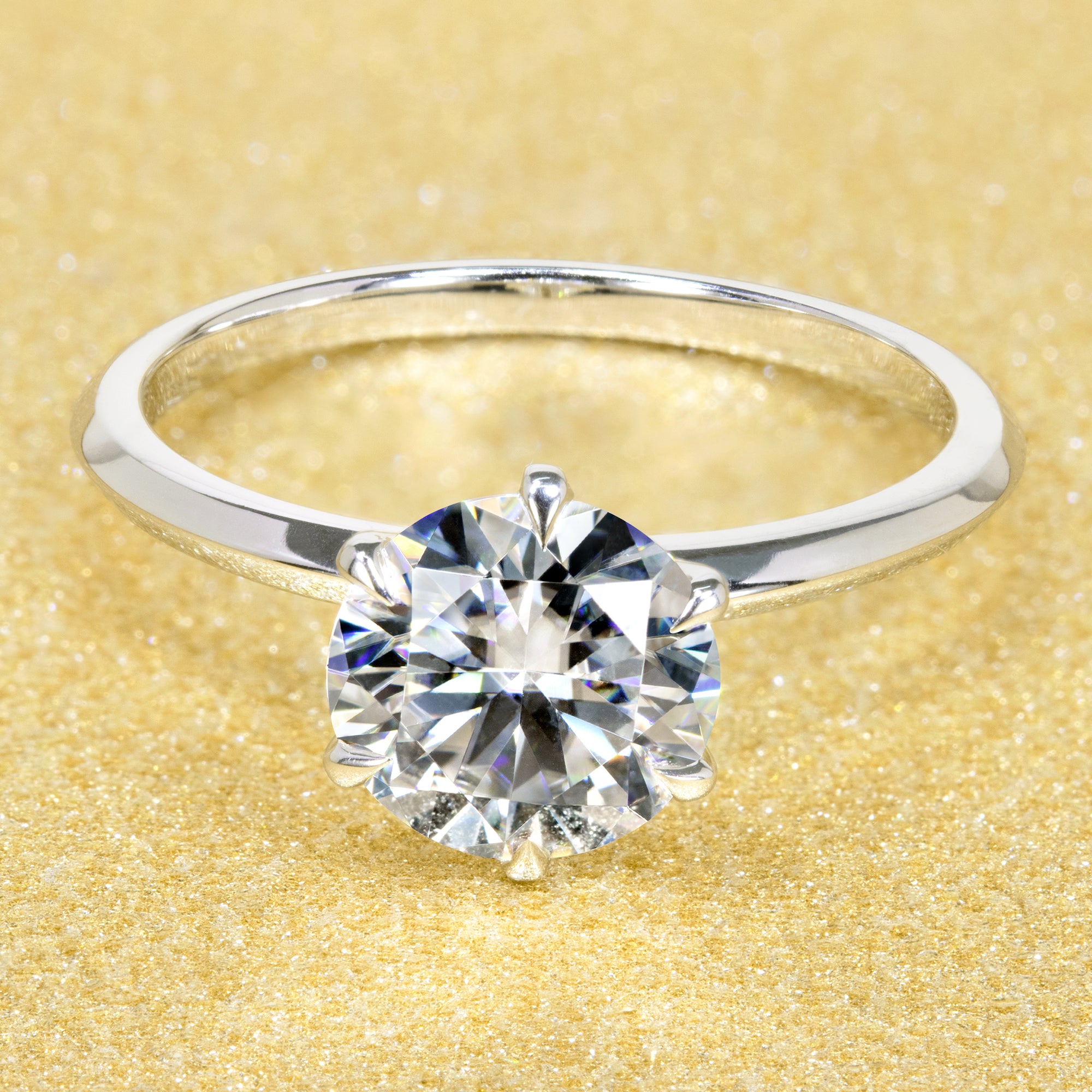 14K Gold Classic 2ct Round Brilliant-cut Classic Six-Prong Knife-Edge Moissanite Solitaire Engagement Ring | Earthena Jewelry