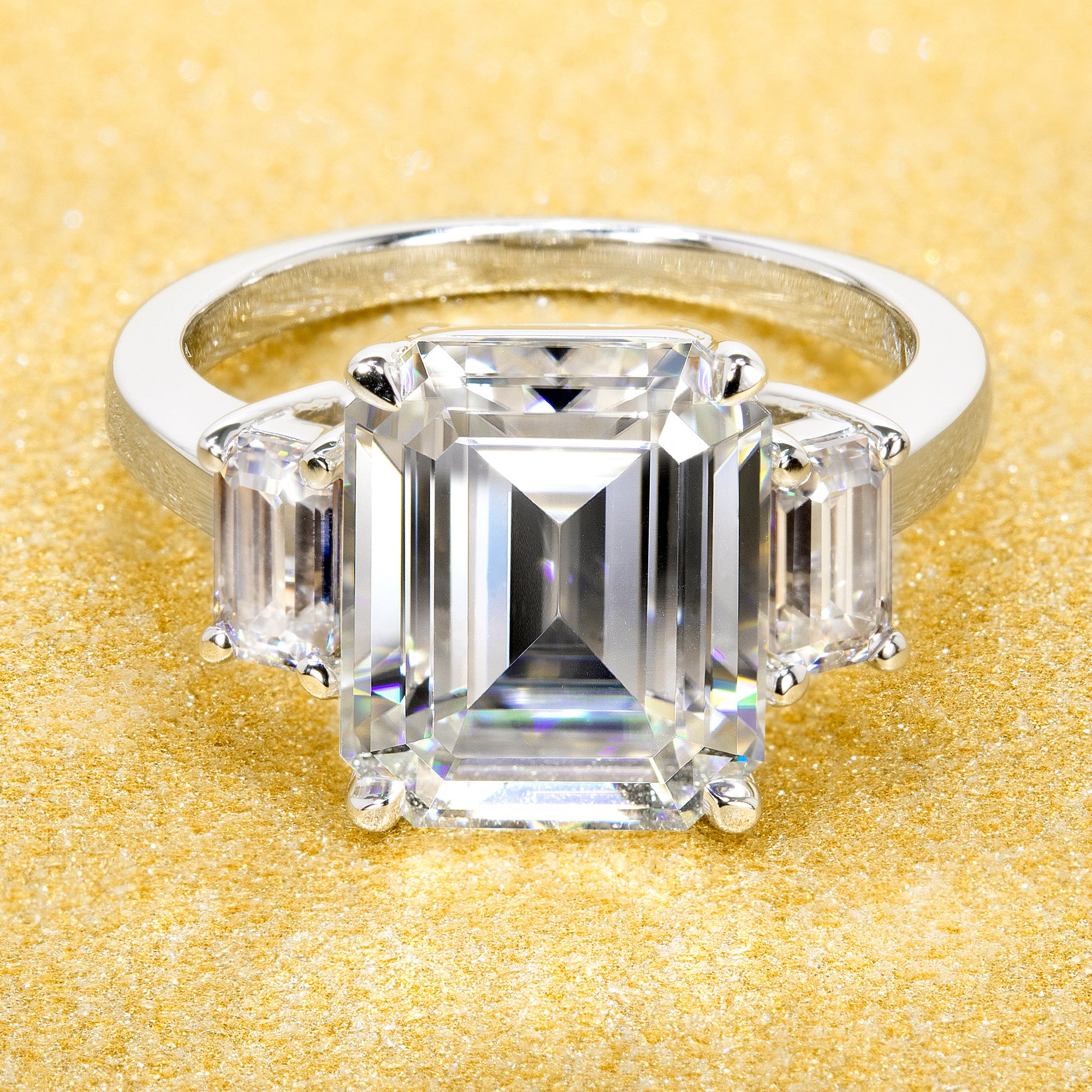 14K Gold 5ct Emerald-cut Moissanite Three-Stone Engagement Ring | Earthena Jewelry