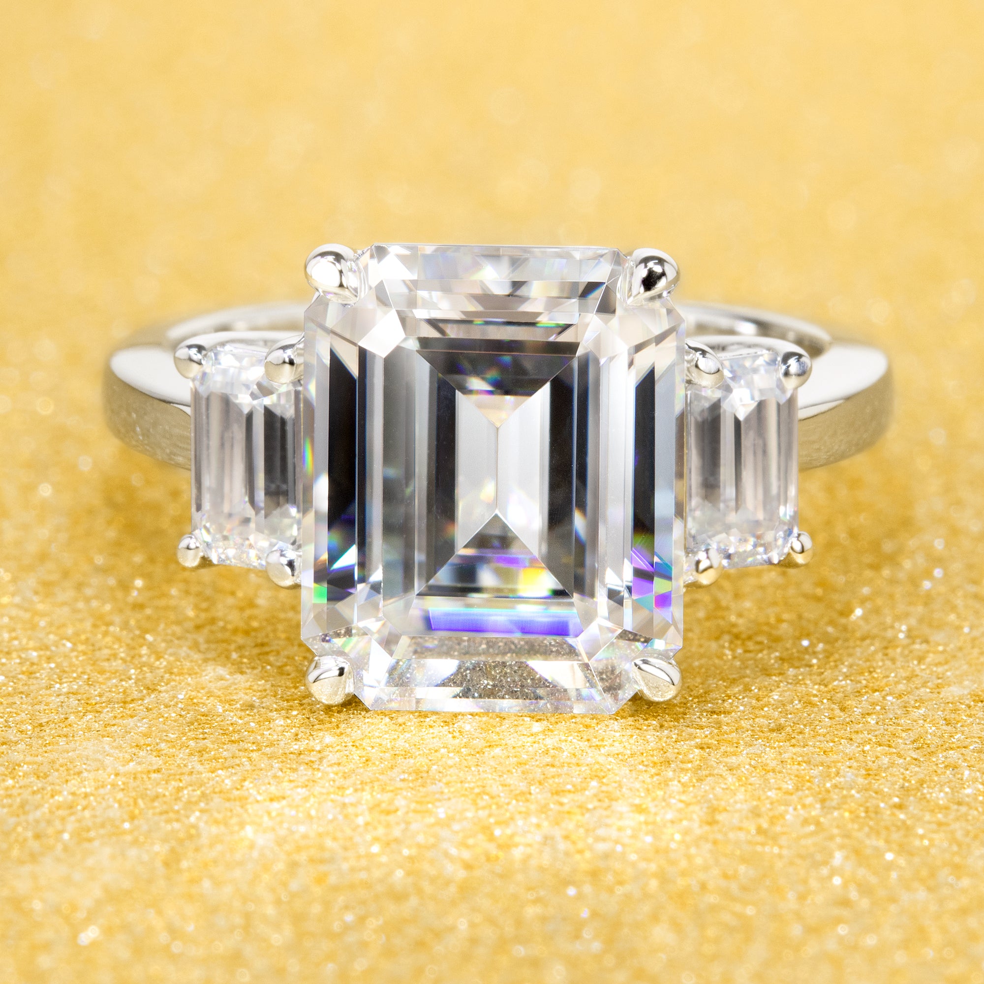 14K Gold 5ct Emerald-cut Moissanite Three-Stone Engagement Ring | Earthena Jewelry