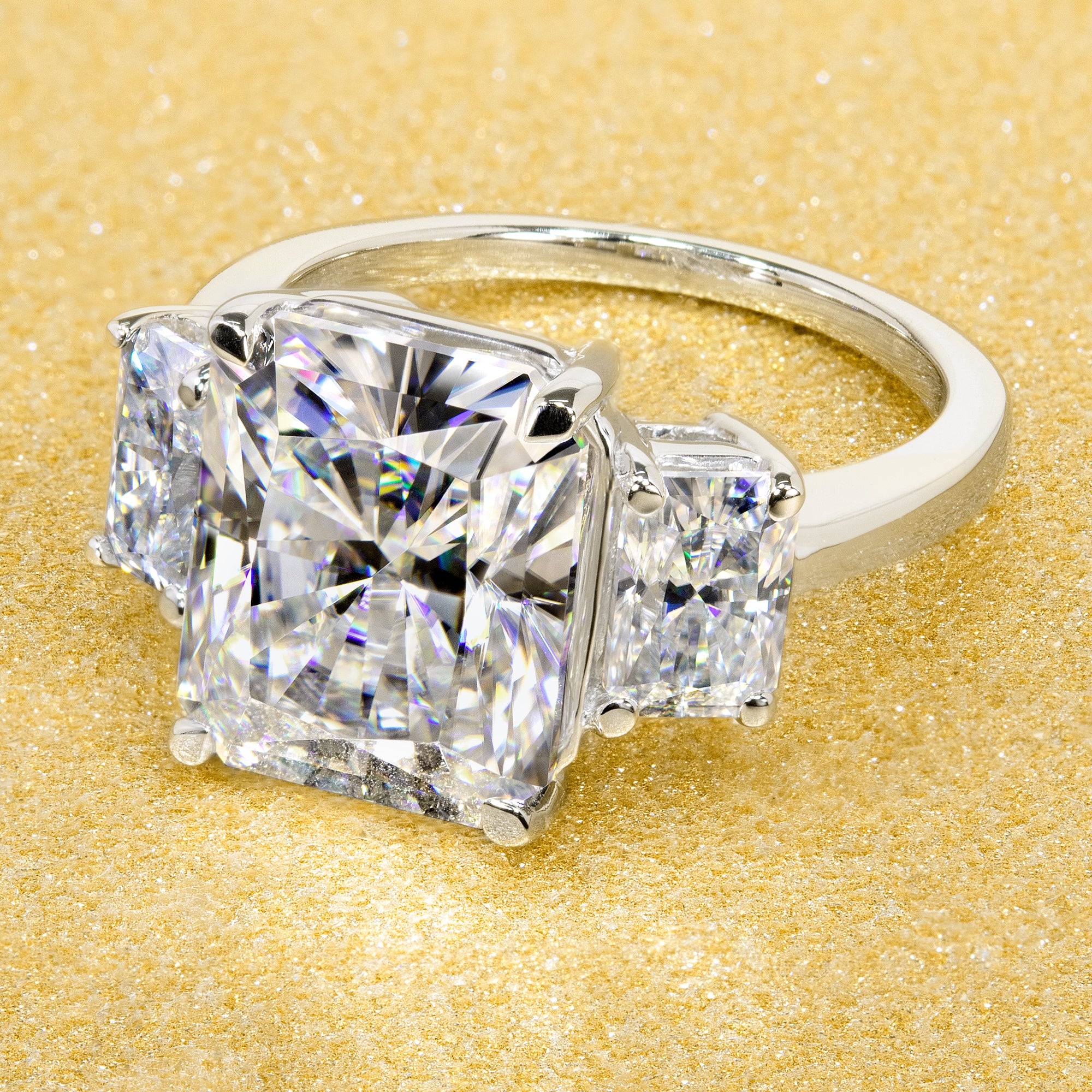 14K Gold 5ct Radiant-cut Moissanite Three-Stone Engagement Ring | Earthena Jewelry