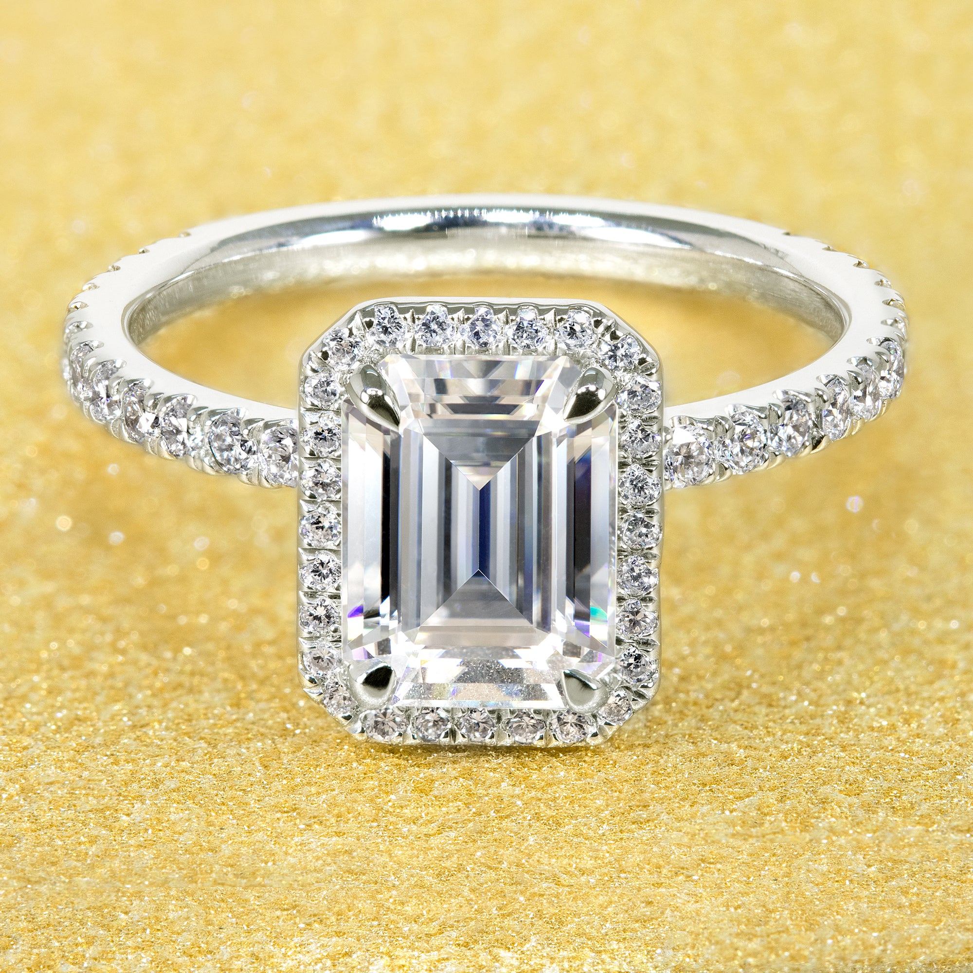 14K Gold Classic 1.75ct Emerald-cut Wrap Halo Moissanite and Diamond Engagement Ring | Earthena Jewelry