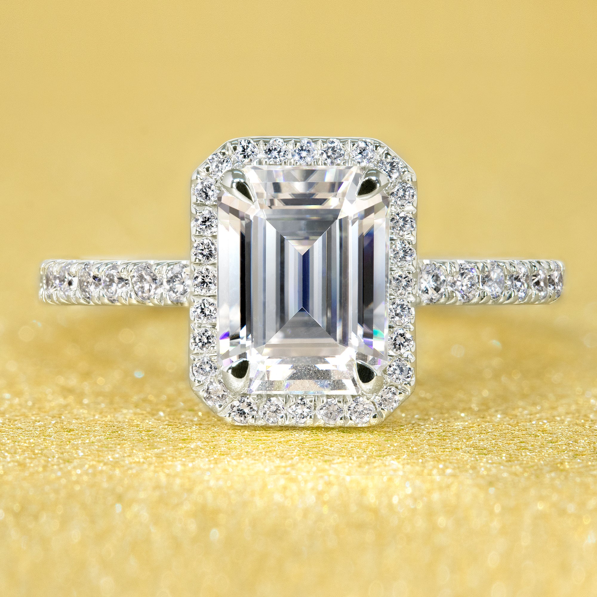 14K Gold Classic 1.75ct Emerald-cut Wrap Halo Moissanite and Diamond Engagement Ring | Earthena Jewelry