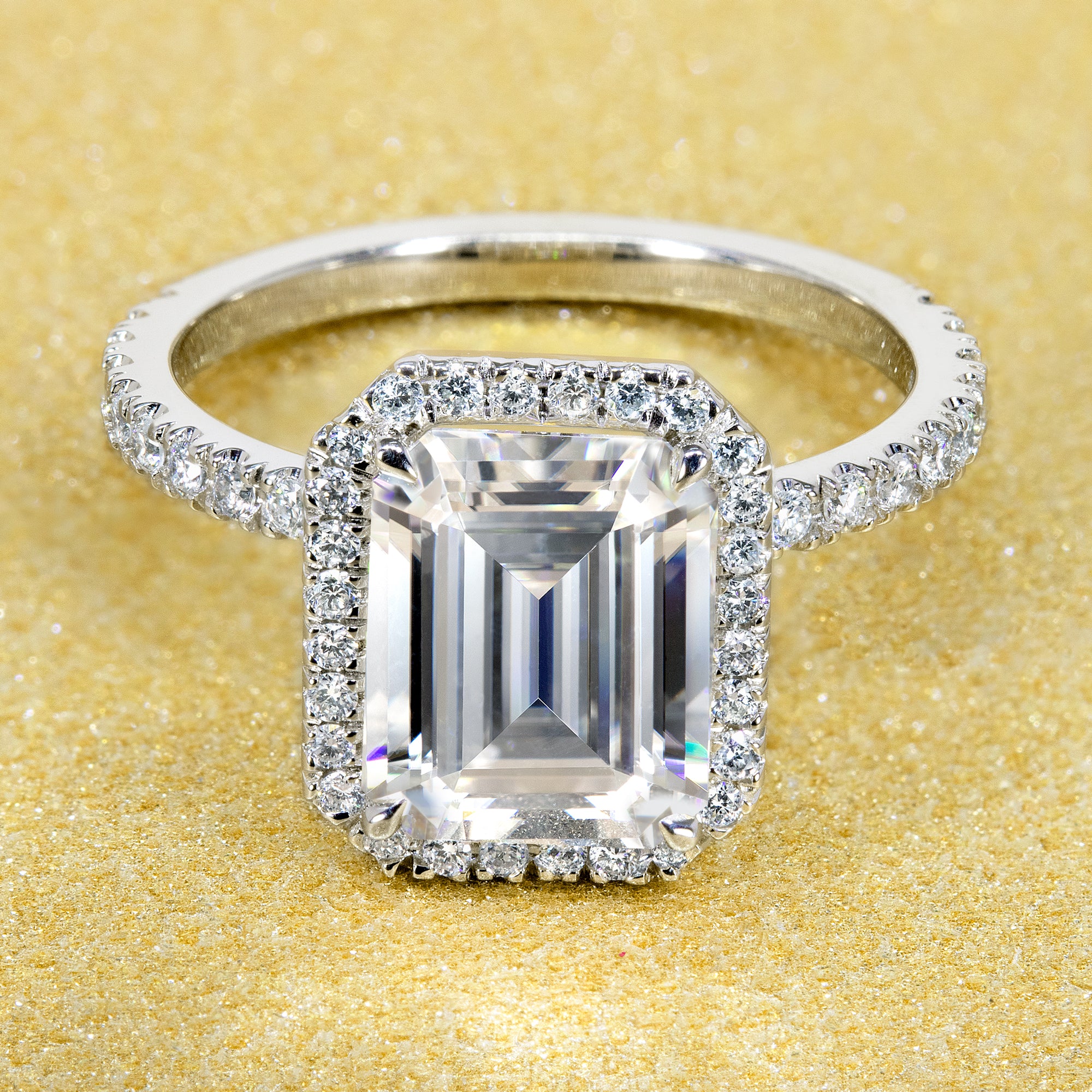 14K Gold Classic 2.5ct Emerald-cut Halo Moissanite and Diamond Engagement Ring | Earthena Jewelry