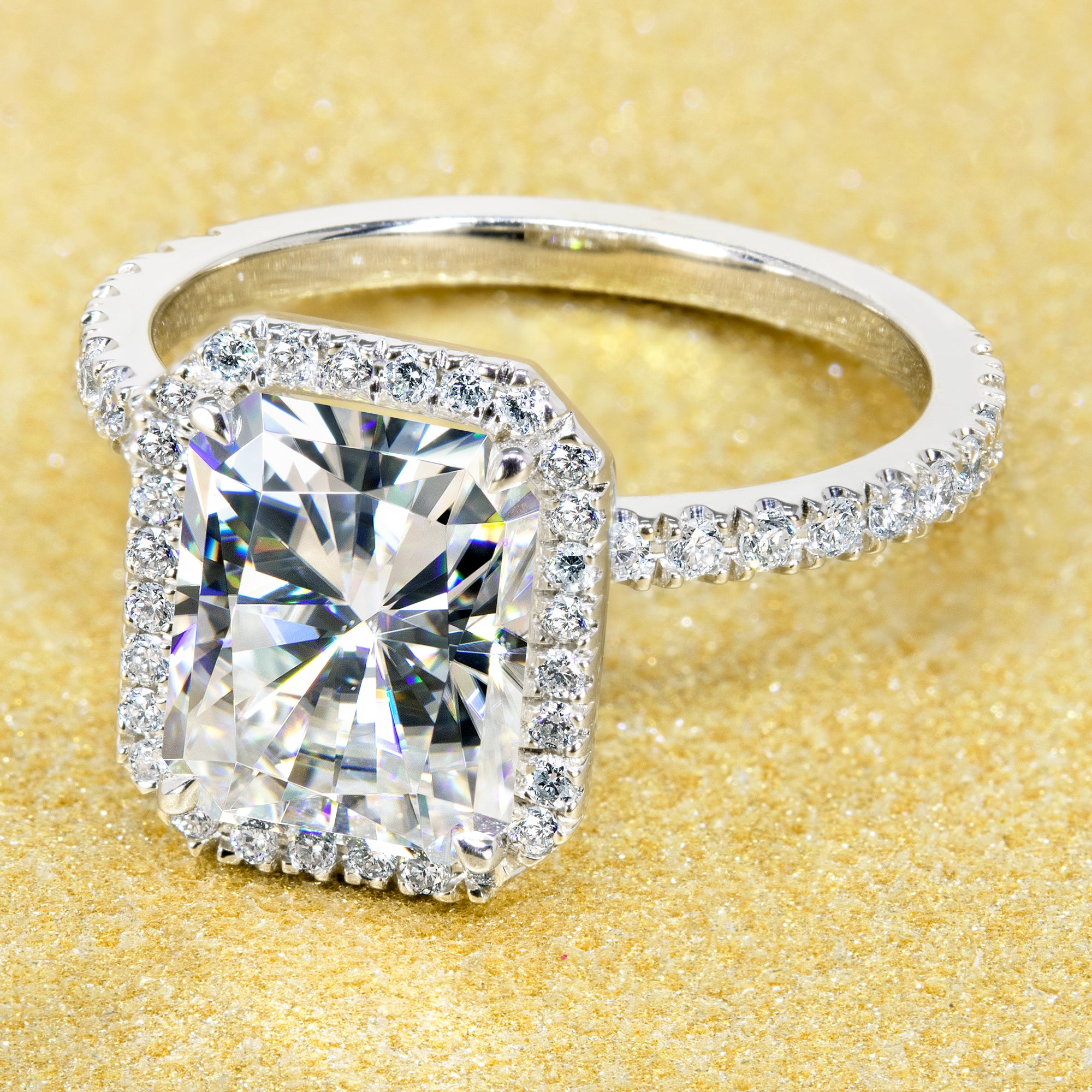14K Gold Classic 2.7ct Radiant-cut Halo Moissanite and Diamond Engagement Ring | Earthena Jewelry