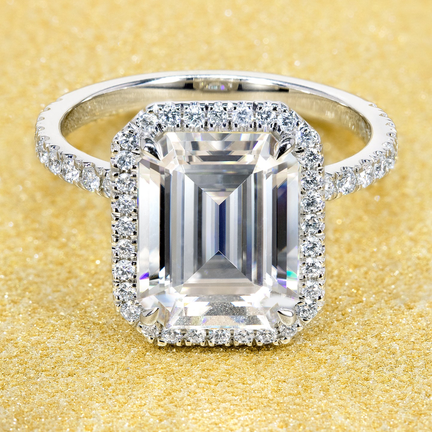 14K Gold Classic 3.5ct Emerald-cut Halo Moissanite and Diamond Engagement Ring | Earthena Jewelry