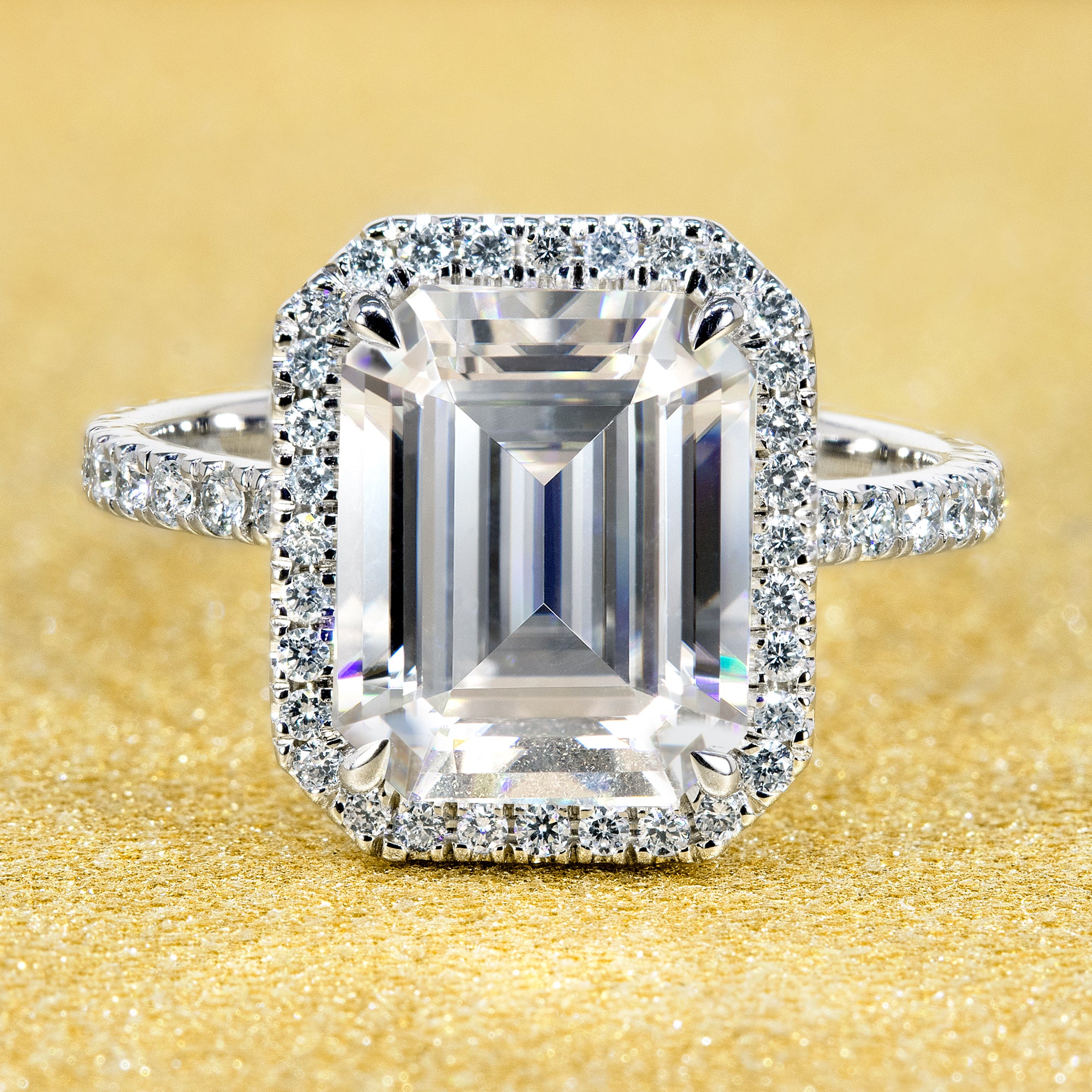 14K Gold Classic 3.5ct Emerald-cut Halo Moissanite and Diamond Engagement Ring | Earthena Jewelry