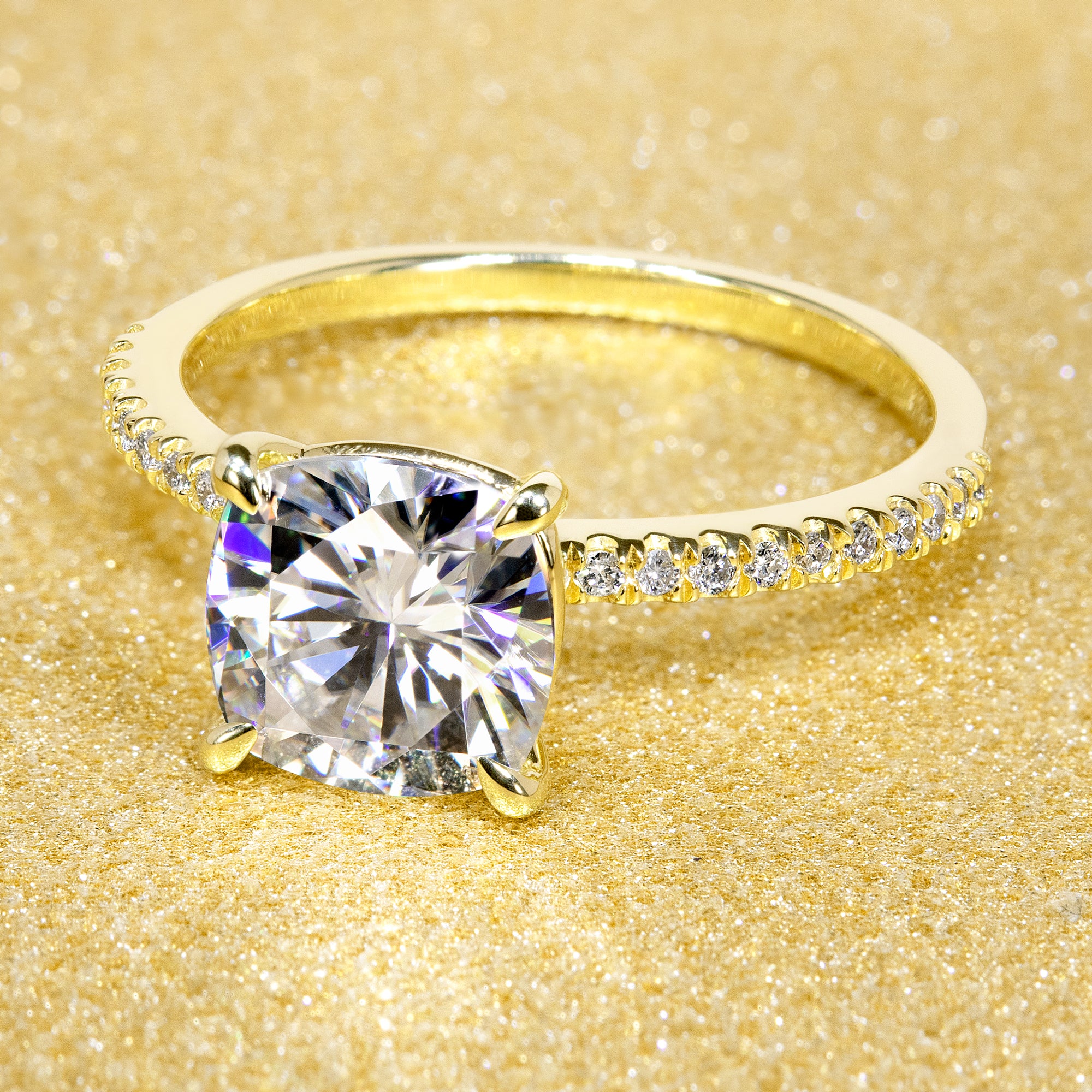 14K Gold Classic 2ct Cushion-cut Minimalistic Slim Basket Moissanite and Diamond Engagement Ring | Earthena Jewelry