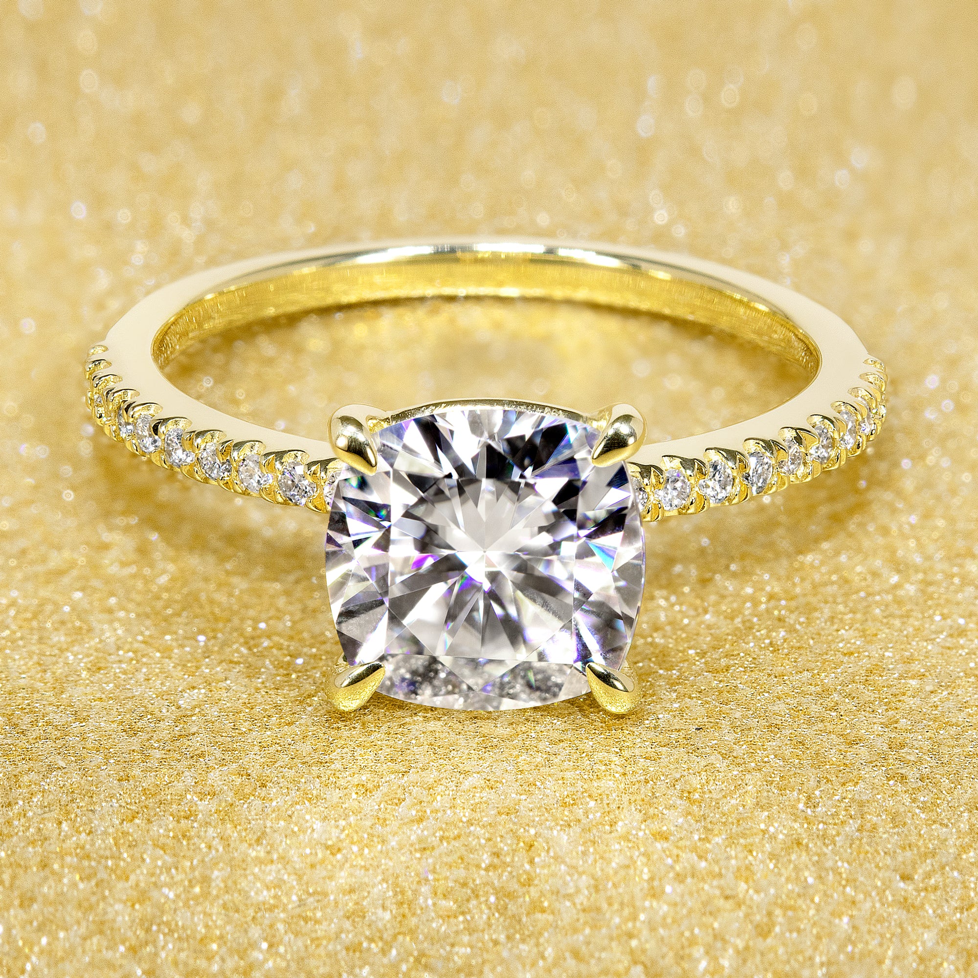 14K Gold Classic 2ct Cushion-cut Minimalistic Slim Basket Moissanite and Diamond Engagement Ring | Earthena Jewelry
