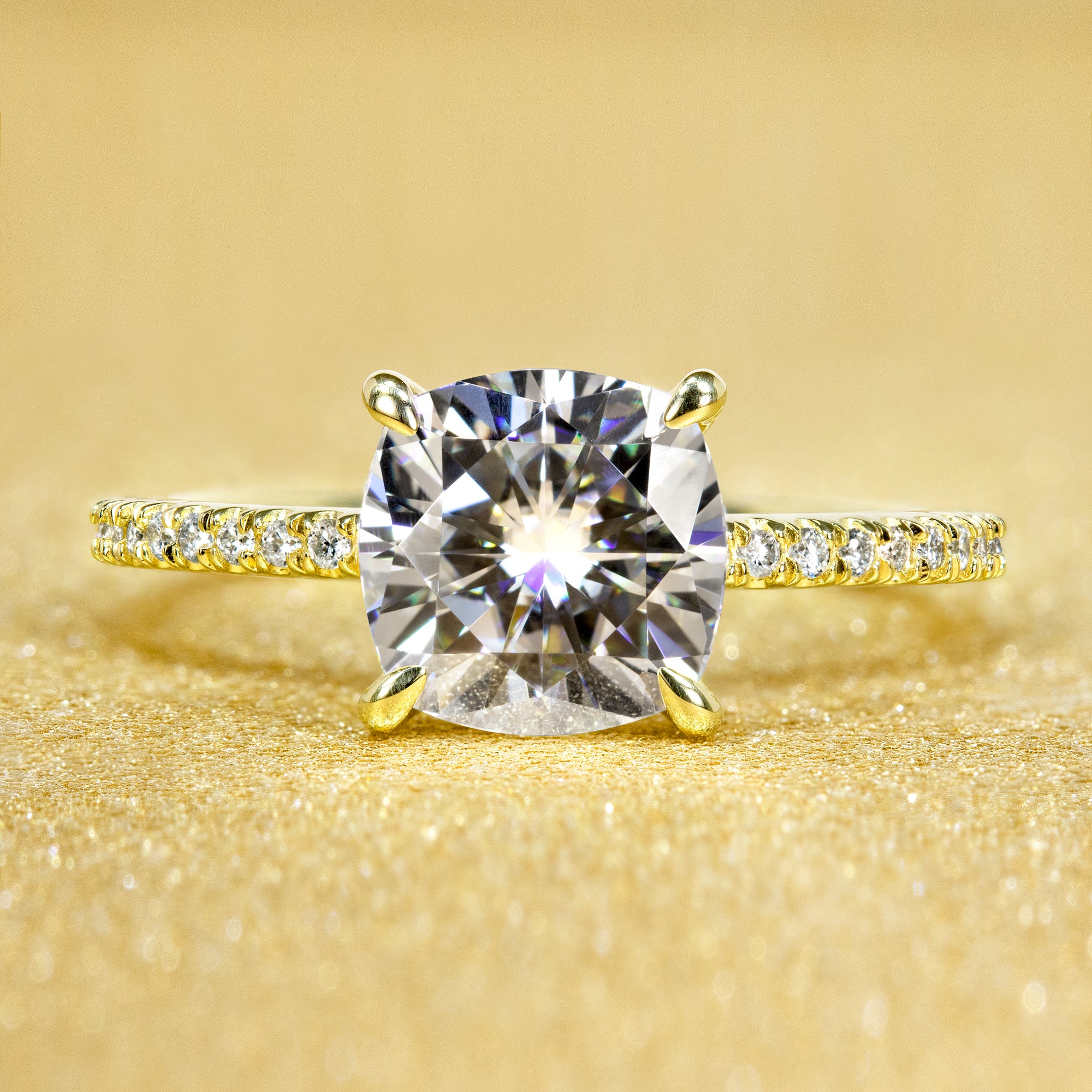 14K Gold Classic 2ct Cushion-cut Minimalistic Slim Basket Moissanite and Diamond Engagement Ring | Earthena Jewelry