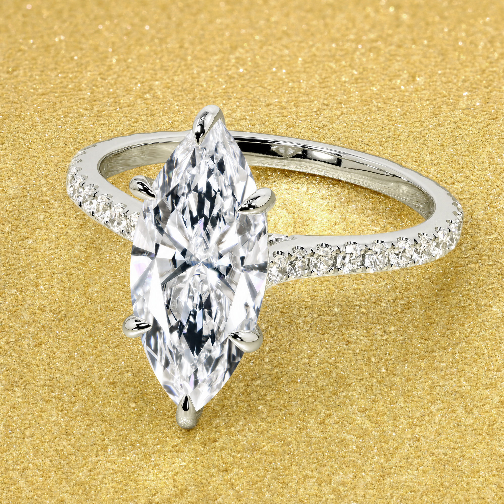 Classic Emilia 4ct Elongated Marquise-Cut Lab-Grown Diamond Hidden Halo Diamond Bridge Cathedral Engagement Ring in 14K Gold, 18K Gold, or Platinum by Earthena Jewelry of Beverly Hills.
