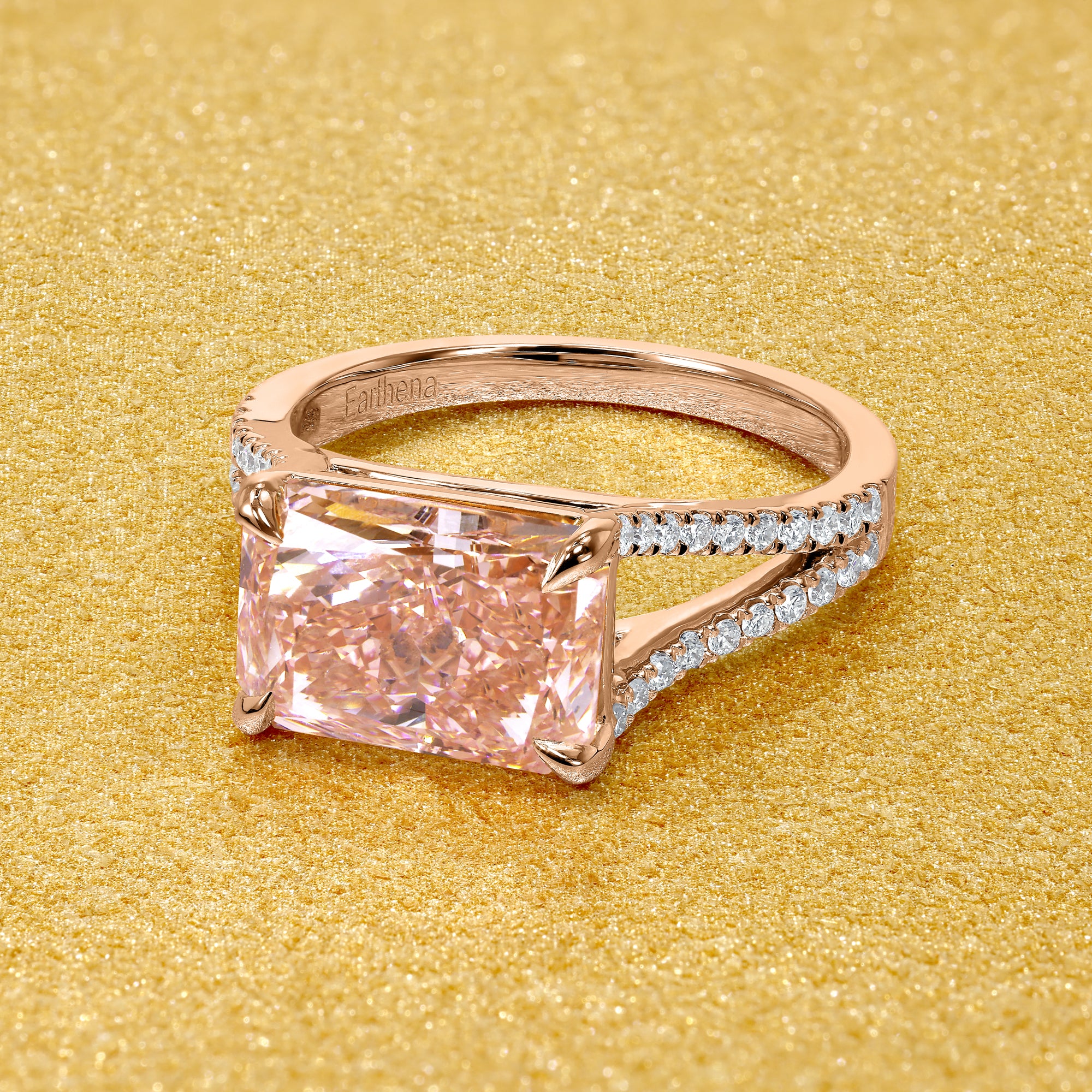 The Elara, 3.12ct Radiant-Cut Pink Lab-Grown Diamond Engagement Ring in 14K Gold, 18K Gold, or Platinum by Earthena Jewelry of Beverly Hills.