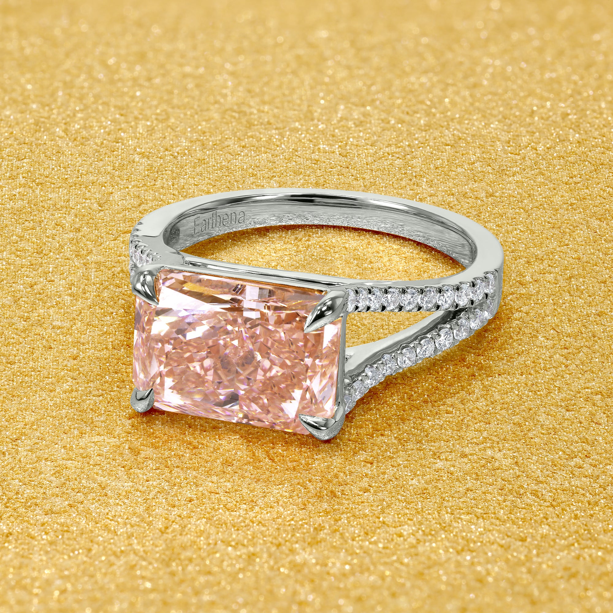 The Elara, 3.12ct Radiant-Cut Pink Lab-Grown Diamond Engagement Ring in 14K Gold, 18K Gold, or Platinum by Earthena Jewelry of Beverly Hills.