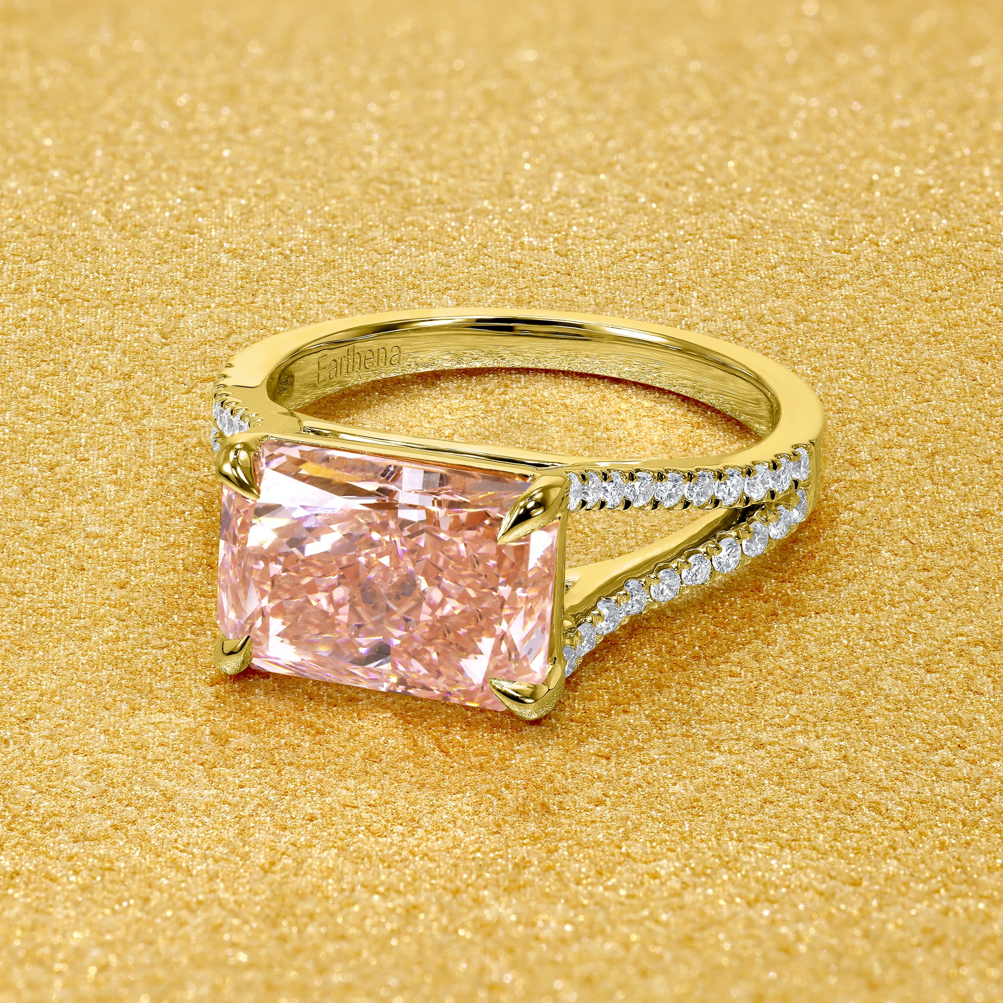 The Elara, 3.12ct Radiant-Cut Pink Lab-Grown Diamond Engagement Ring in 14K Gold, 18K Gold, or Platinum by Earthena Jewelry of Beverly Hills.