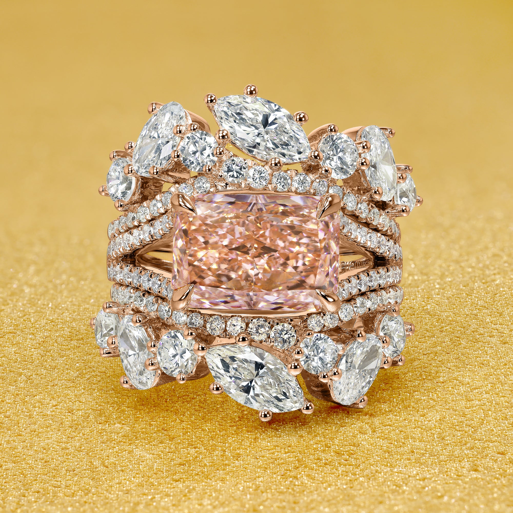 The Elara 3.12ct Elongated Radiant-Cut Pink Lab-Grown Diamond and Alessia Trio Set Handcrafted in 14K Gold, 18K Gold, or Platinum by Earthena Jewelry of Beverly Hills.