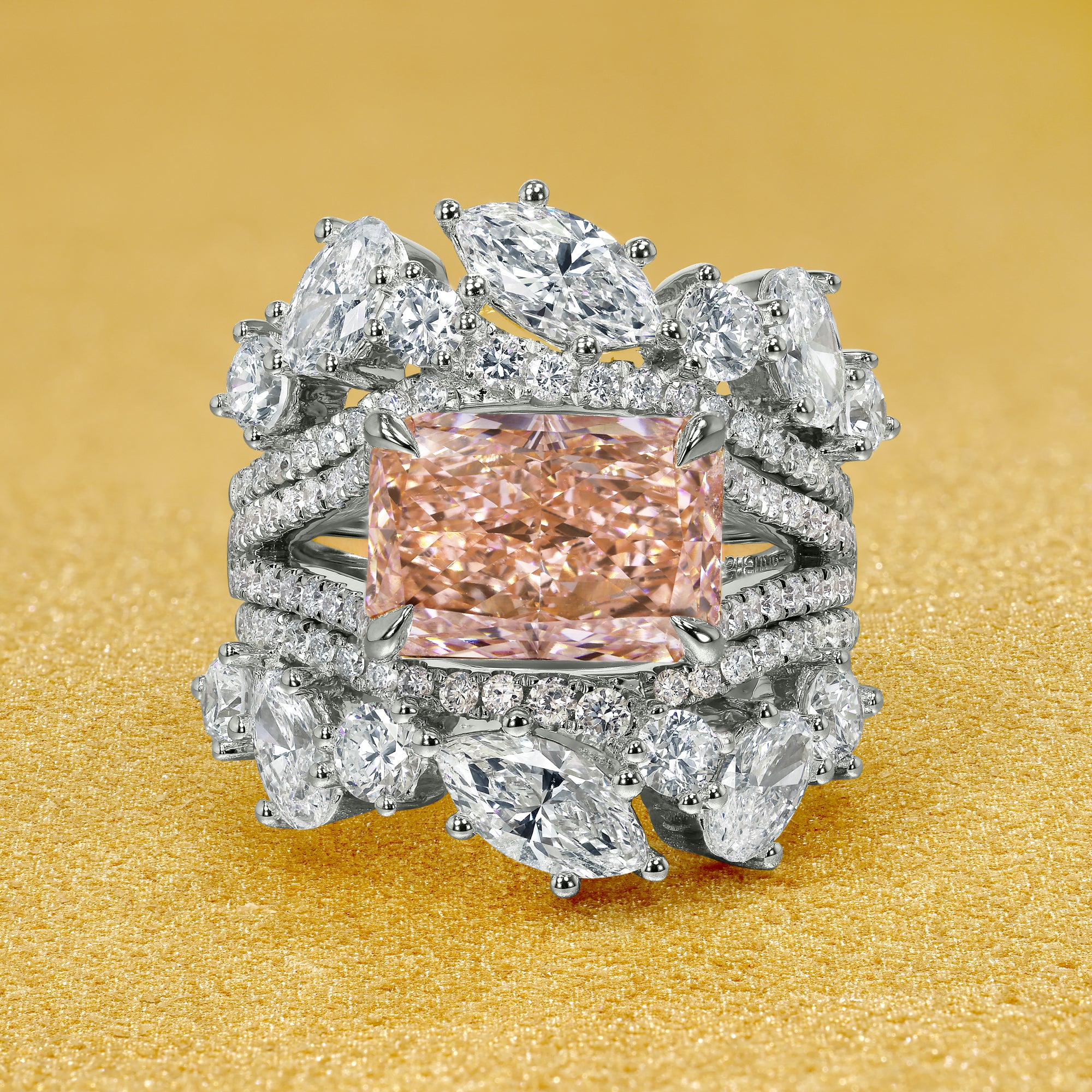 The Elara 3.12ct Elongated Radiant-Cut Pink Lab-Grown Diamond and Alessia Trio Set Handcrafted in 14K Gold, 18K Gold, or Platinum by Earthena Jewelry of Beverly Hills.