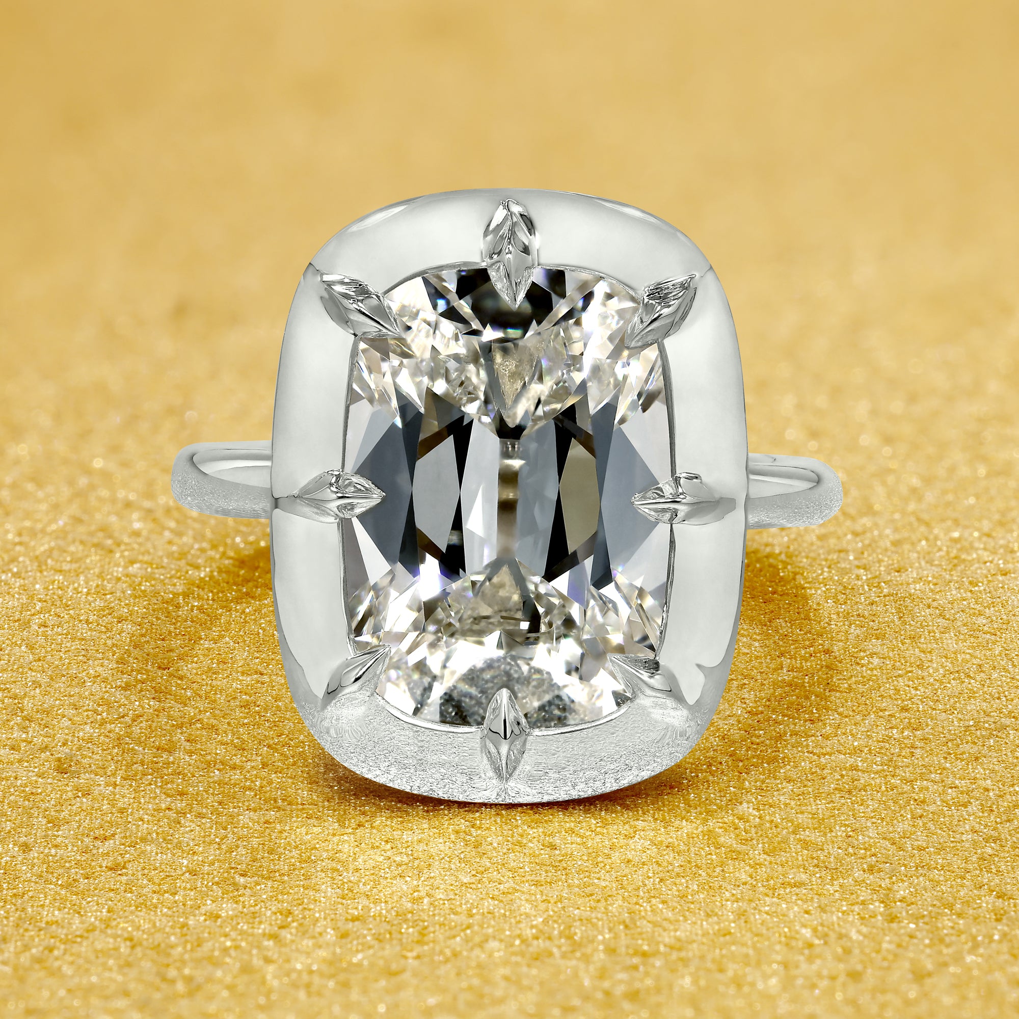 Elizabeth 4.95ct Elongated Old Mine Cut Lab-Grown Diamond Engagement Ring in 14K Gold, 18K Gold, and Platinum by Earthena Jewelry of Beverly Hills.