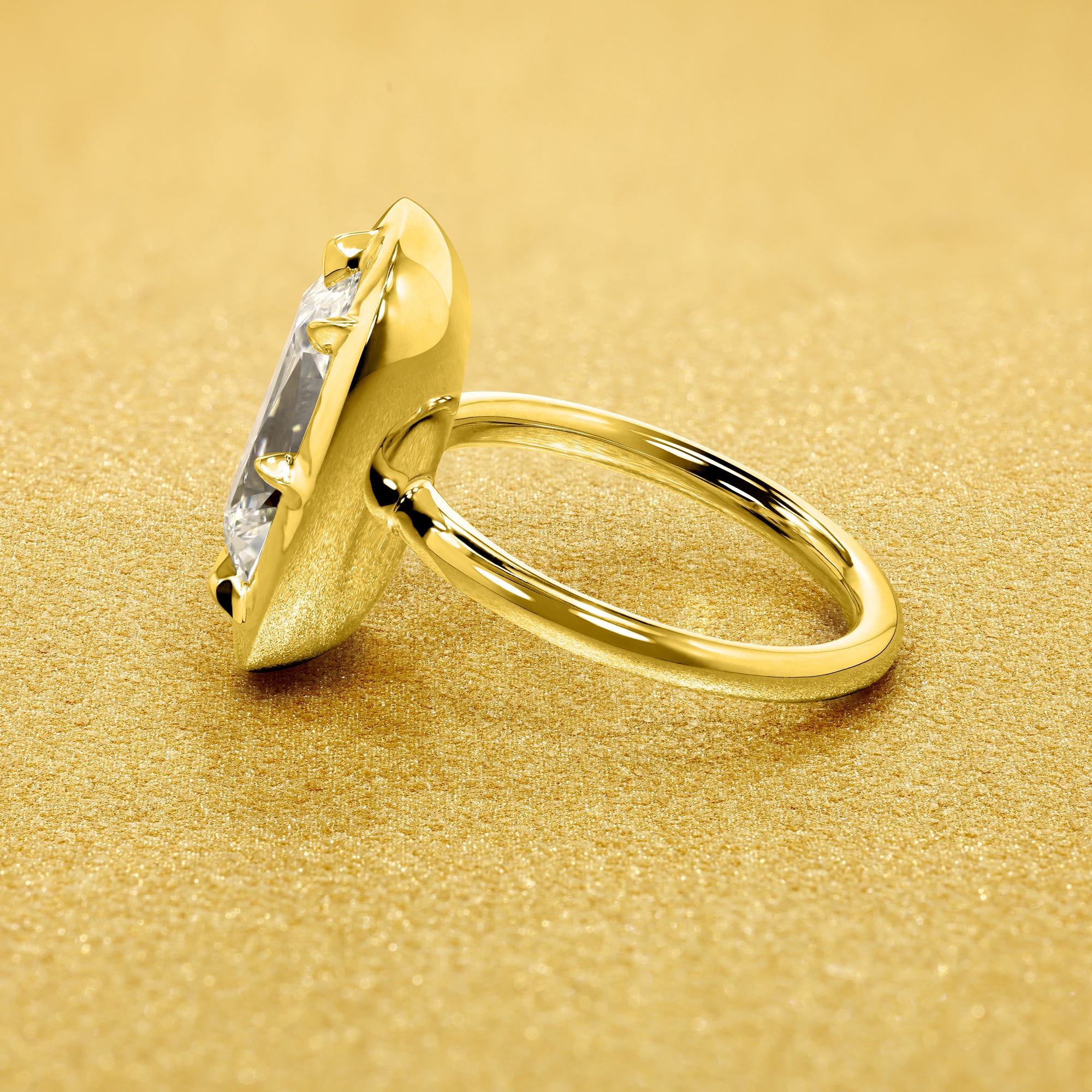 Elizabeth 4.95ct Elongated Old Mine Cut Lab-Grown Diamond Engagement Ring in 14K Gold, 18K Gold, and Platinum by Earthena Jewelry of Beverly Hills.