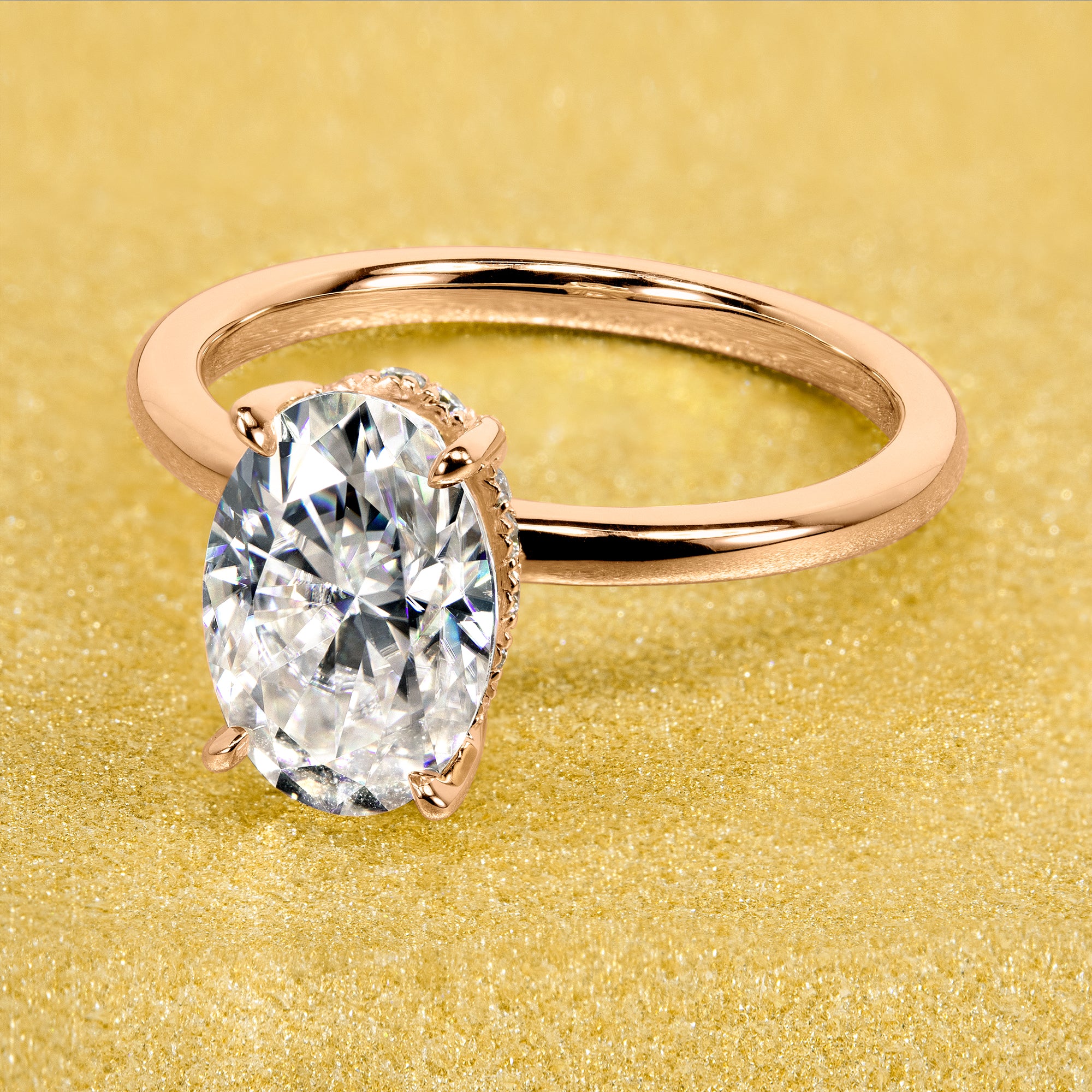 2ct Elongated Oval-cut Moissanite and lab-grown diamond Hidden Halo Solitaire Engagement Ring in 14K Gold, 18K Gold, or Platinum by Earthena Jewelry of Beverly Hills