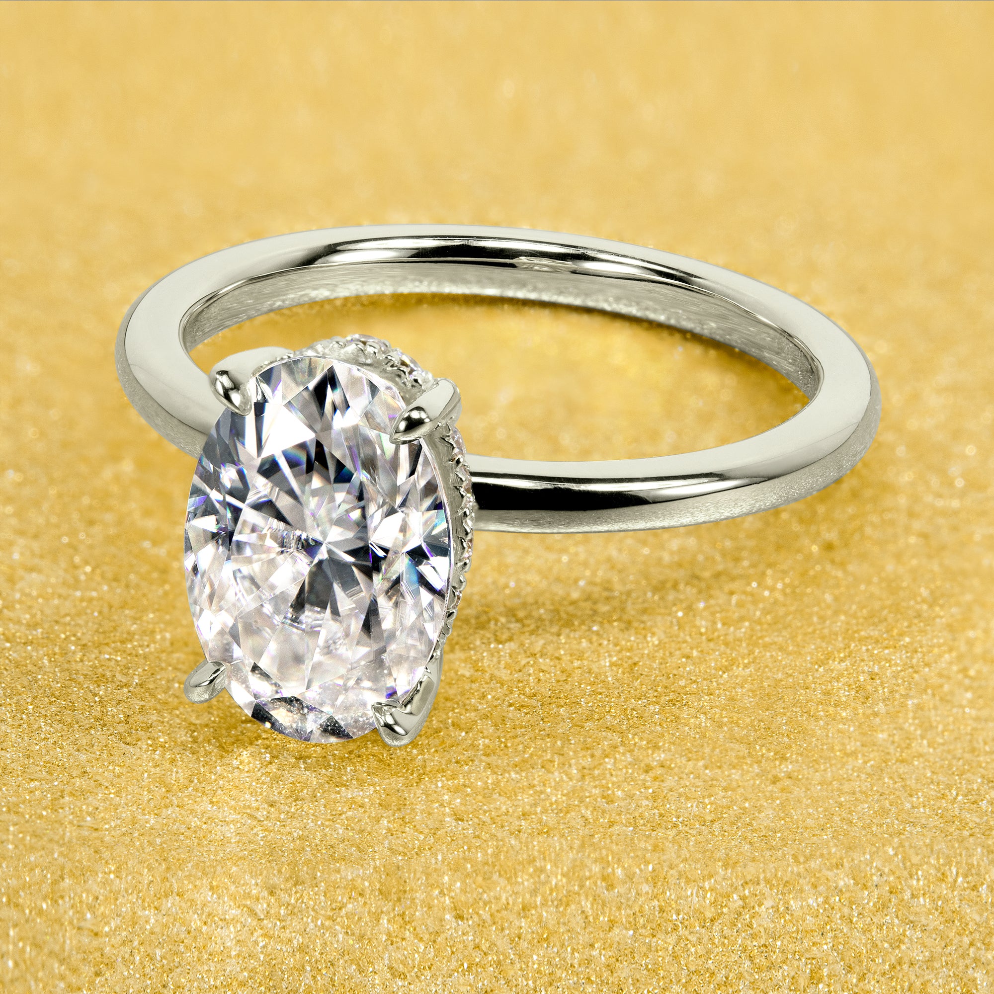 2ct Elongated Oval-cut Moissanite and lab-grown diamond Hidden Halo Solitaire Engagement Ring in 14K Gold, 18K Gold, or Platinum by Earthena Jewelry of Beverly Hills