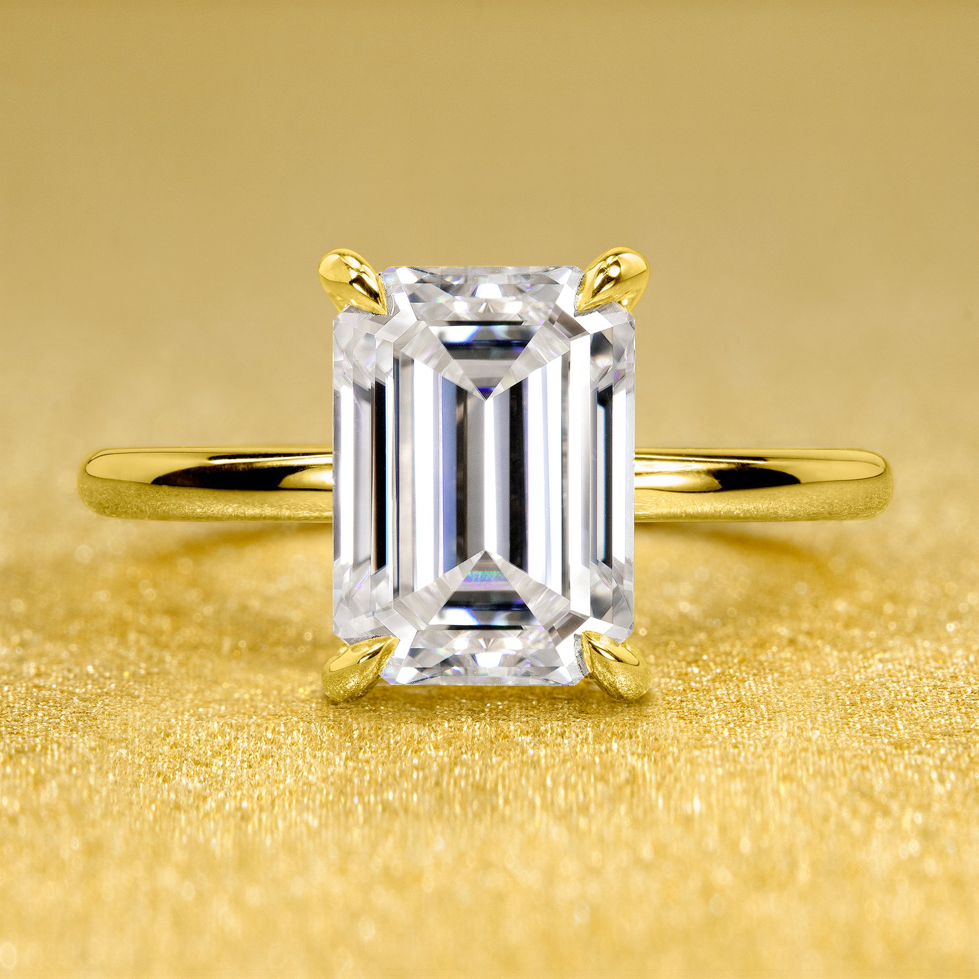 The Adara, 3ct Elongated Emerald-Cut Lab-Grown Diamond Hidden Halo Engagement Ring in 14K Gold, 18K Gold, or Platinum by Earthena Jewelry of Beverly Hills