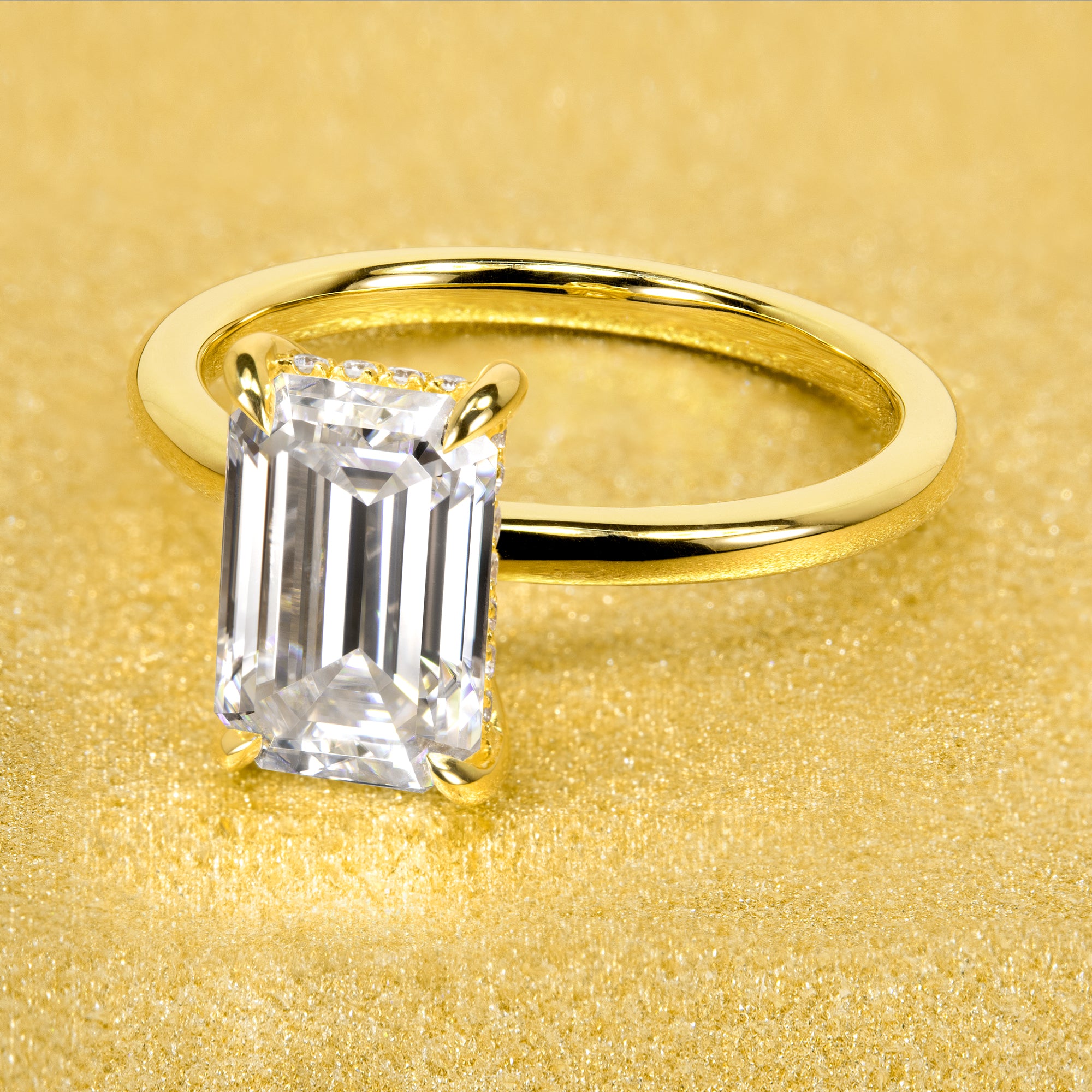 The Adara, 3ct Elongated Emerald-Cut Lab-Grown Diamond Hidden Halo Engagement Ring in 14K Gold, 18K Gold, or Platinum by Earthena Jewelry of Beverly Hills