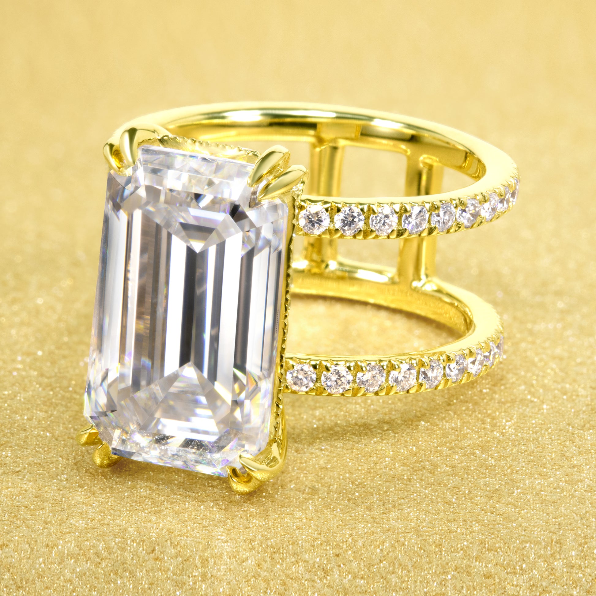 Alessandra 10ct Elongated Emerald-cut Moissanite and Lab-grown Diamond Double Band Hidden Halo Engagement ring 14K or 18K Gold by Earthena Jewelry
