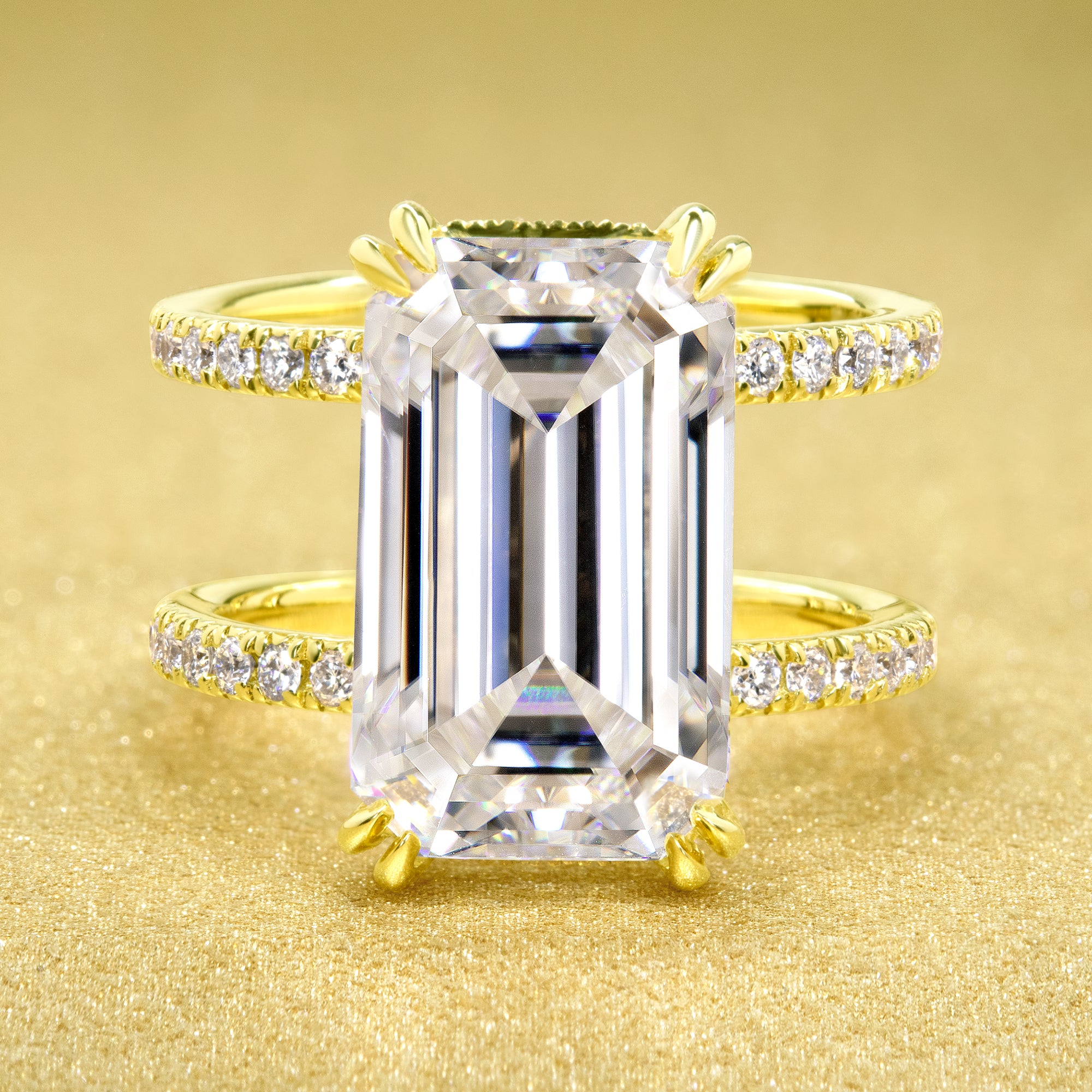 Alessandra 10ct Elongated Emerald-cut Moissanite and Lab-grown Diamond Double Band Hidden Halo Engagement ring 14K or 18K Gold by Earthena Jewelry