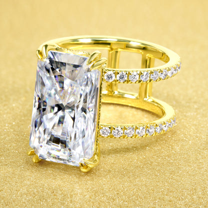 Alessandra 9ct Elongated Radiant-cut Moissanite and Lab-grown Diamond Double Band Hidden Halo Engagement ring in 14K or 18K Gold by Earthena Jewelry