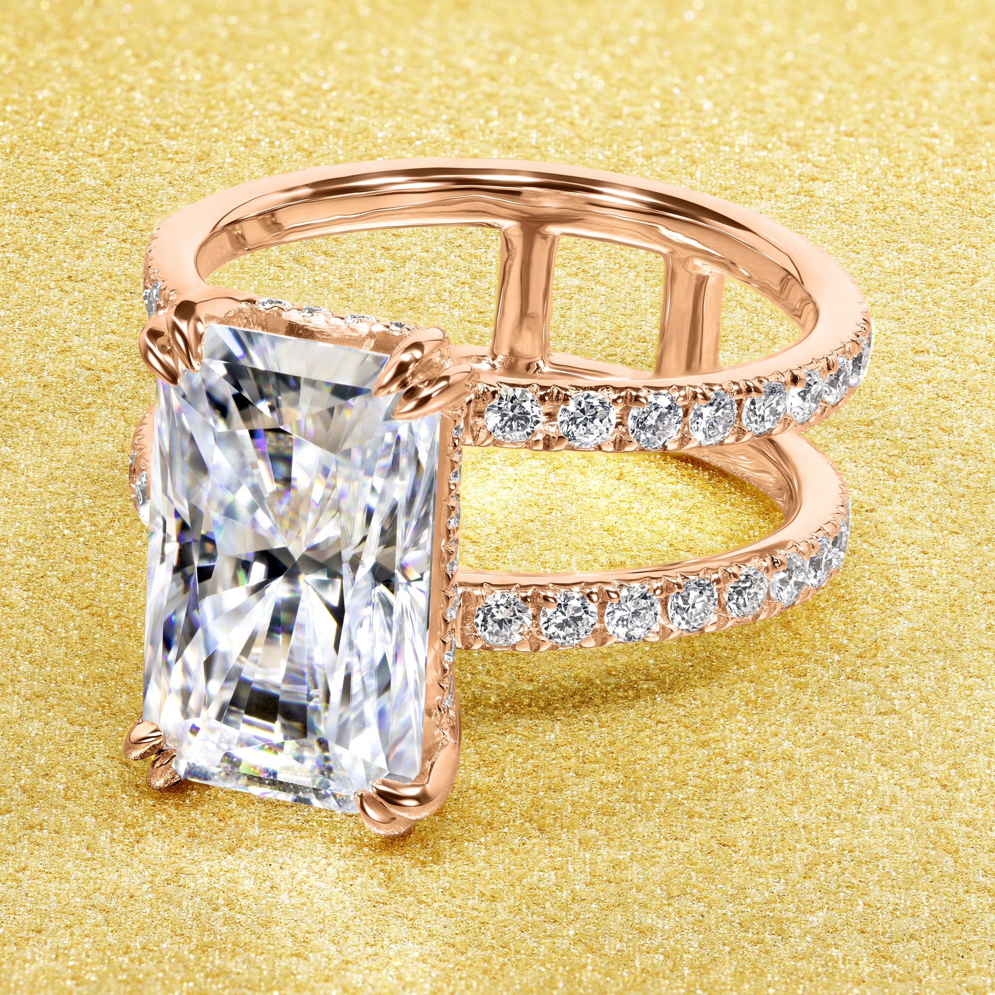 Alessandra 4.25ct Elongated Radiant Brilliant-cut Moissanite Double Band Hidden Halo Engagement ring in 14K Gold, 18K Gold, or Platinum handcrafted in Los Angeles by Earthena Jewelry.