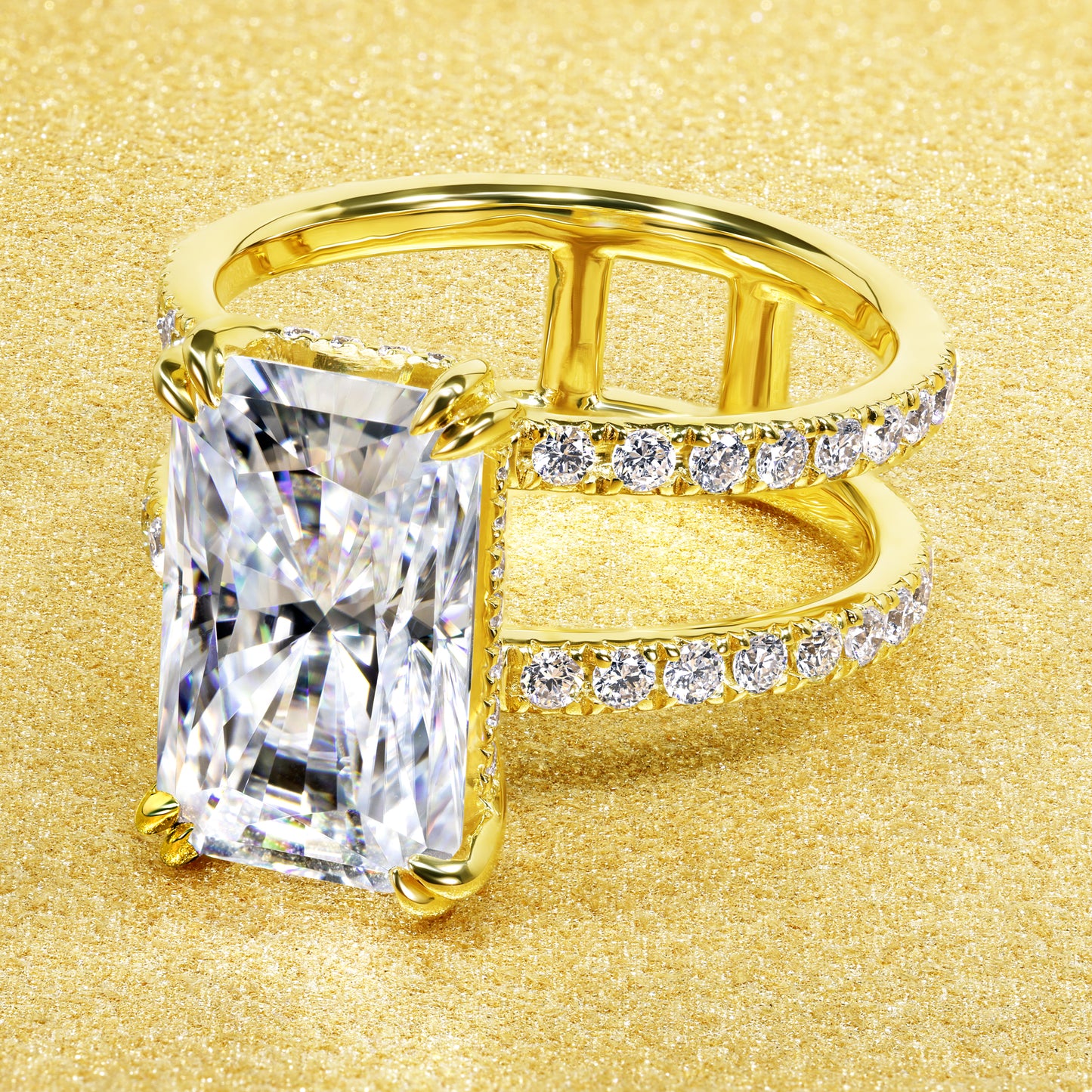 Alessandra 4.25ct Elongated Radiant Brilliant-cut Moissanite and Lab-grown Diamond Double Band Hidden Halo Engagement ring in 14K or 18K Gold by Earthena Jewelry