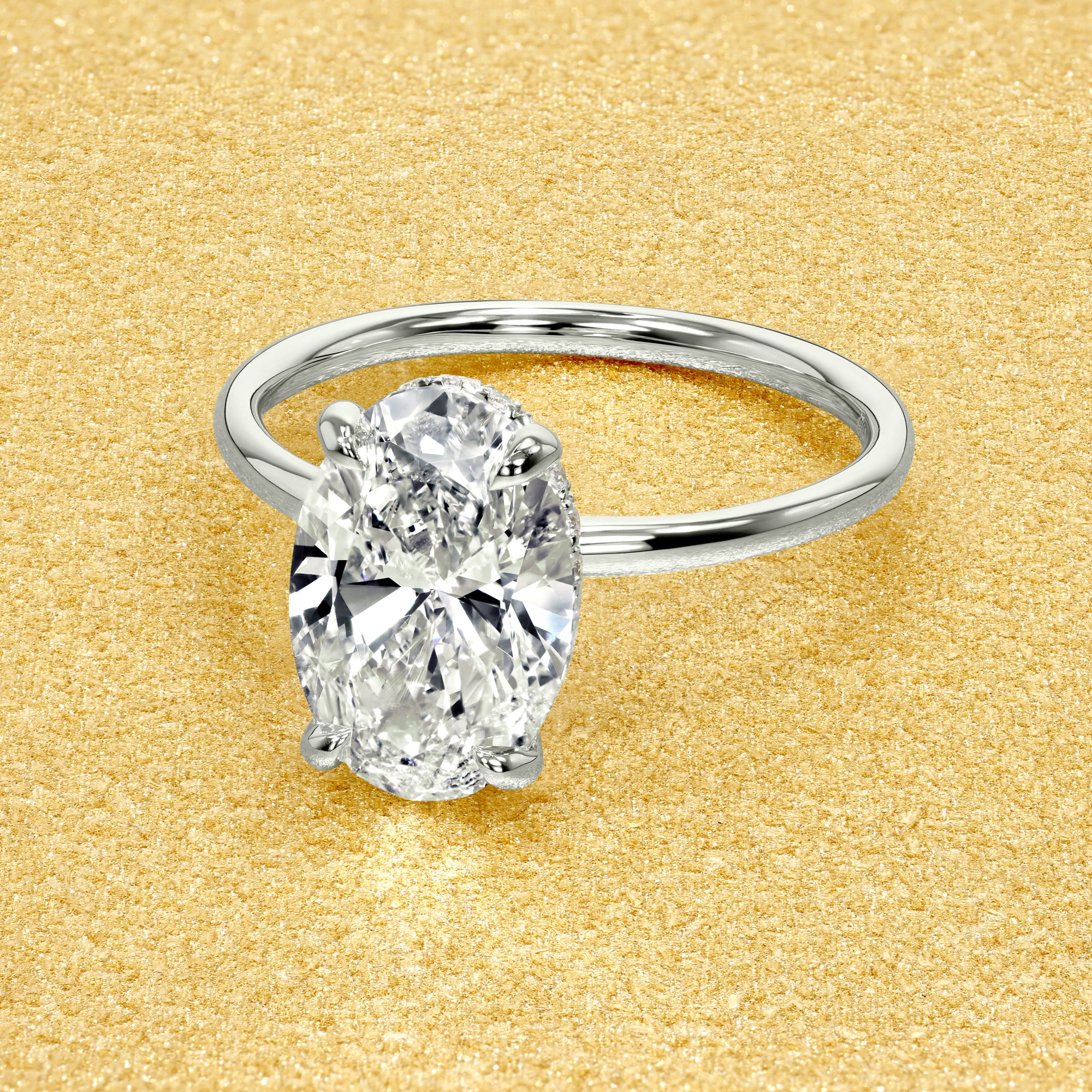 Classic Ariela 2ct Elongated Oval-Cut Lab-Grown Diamond Hidden Eternity Halo Solitaire Engagement Ring in 14K Gold, 18K Gold, or Platinum by Earthena Jewelry of Beverly Hills.