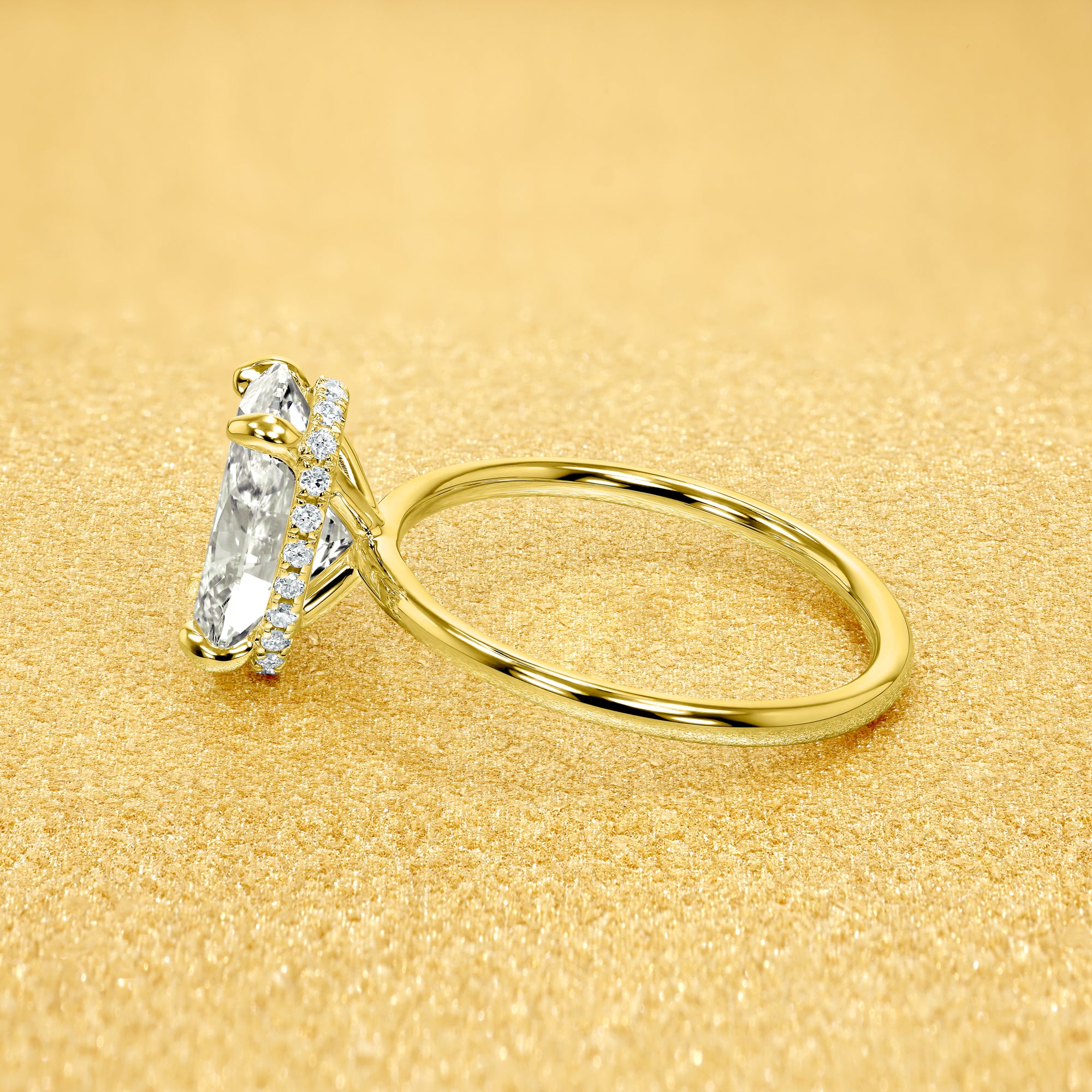 Classic Ariela 2ct Elongated Oval-Cut Lab-Grown Diamond Hidden Eternity Halo Solitaire Engagement Ring in 14K Gold, 18K Gold, or Platinum by Earthena Jewelry of Beverly Hills.