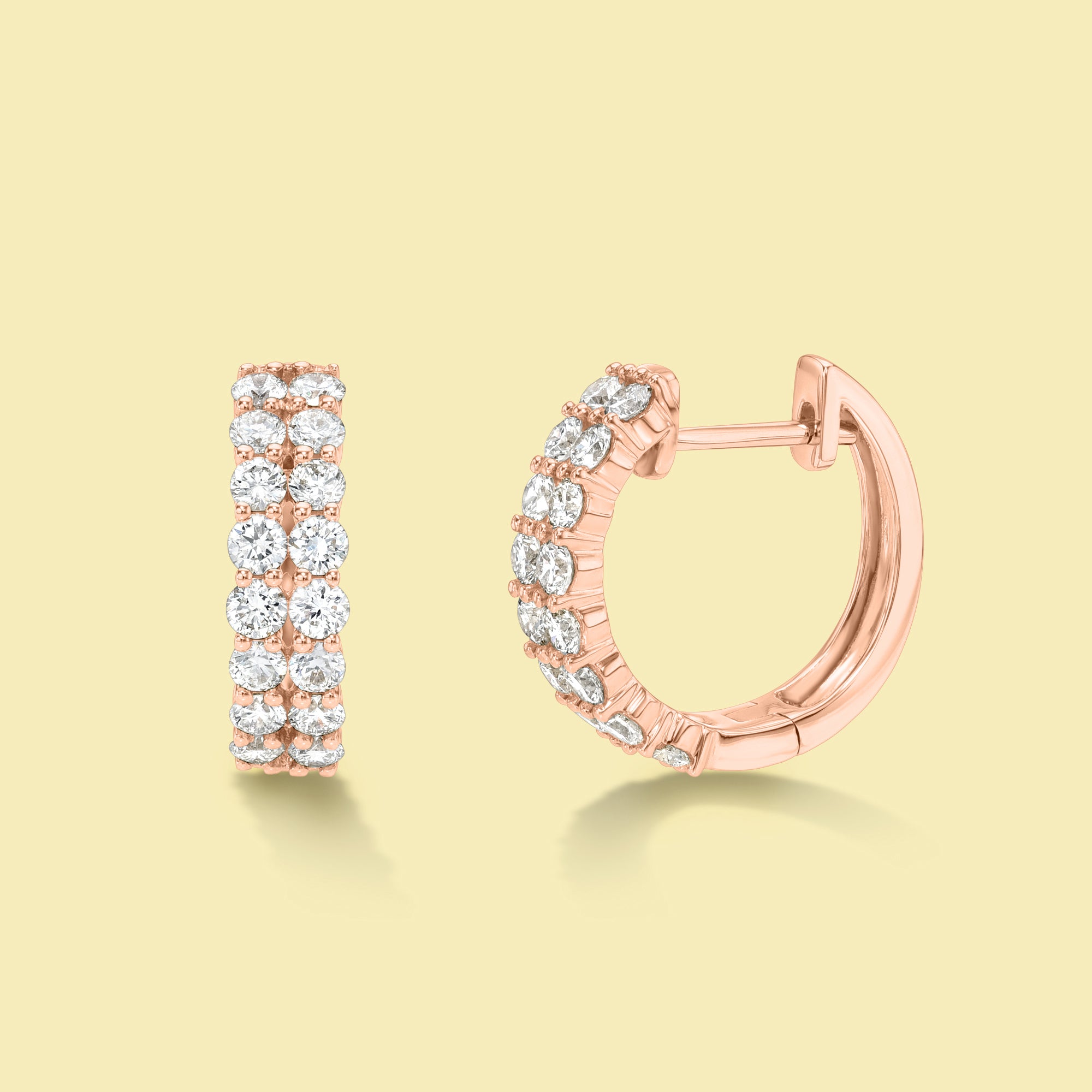 The Audrey, Double Row Huggie Diamond Earrings are handcrafted in 14K gold, 18K gold, or Platinum by Earthena Jewelry in Los Angeles