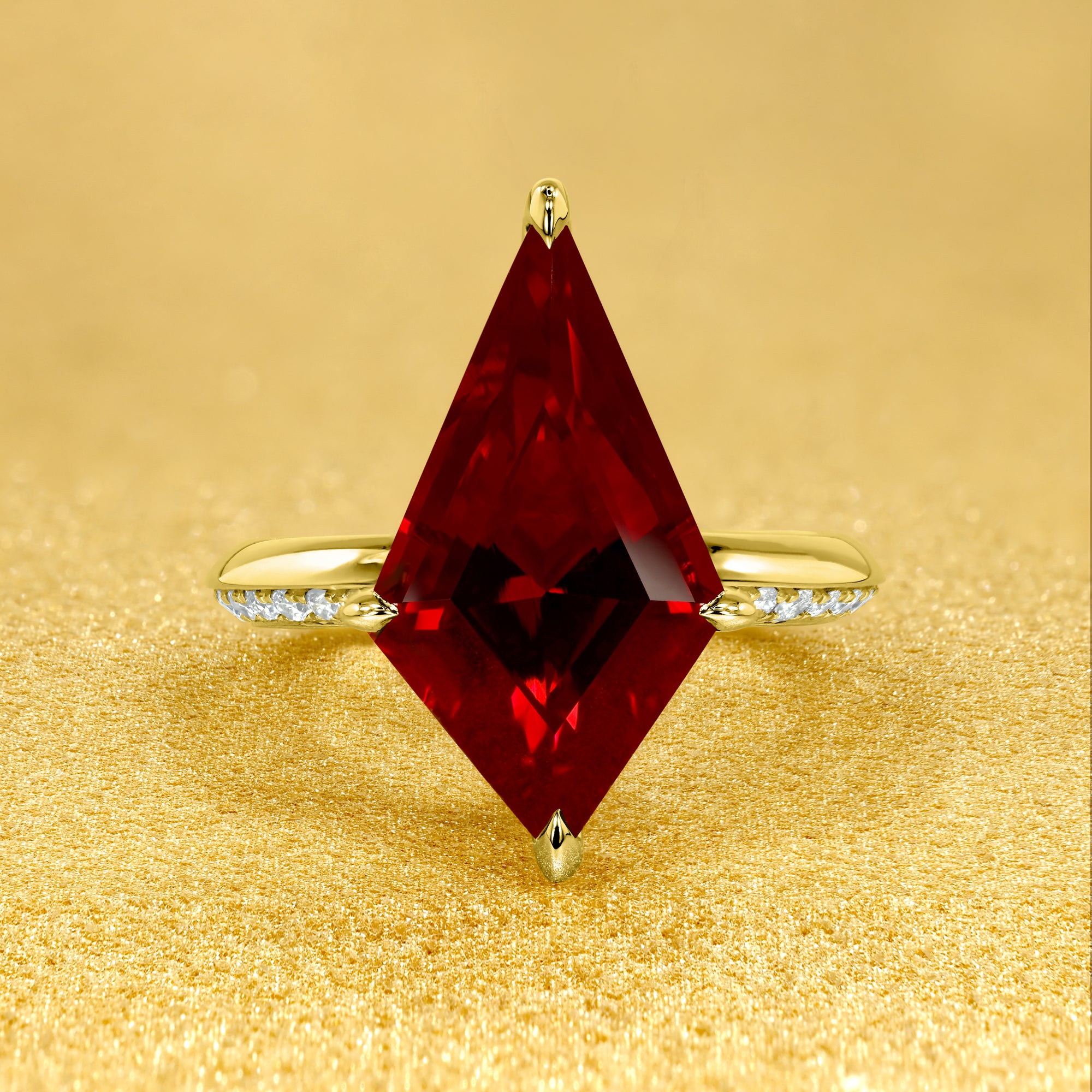 The Axis, 5.5ct Kite-Cut Lab-grown Ruby Hidden Eternity Halo Ring by Earthena Jewelry of Beverly HIlls.