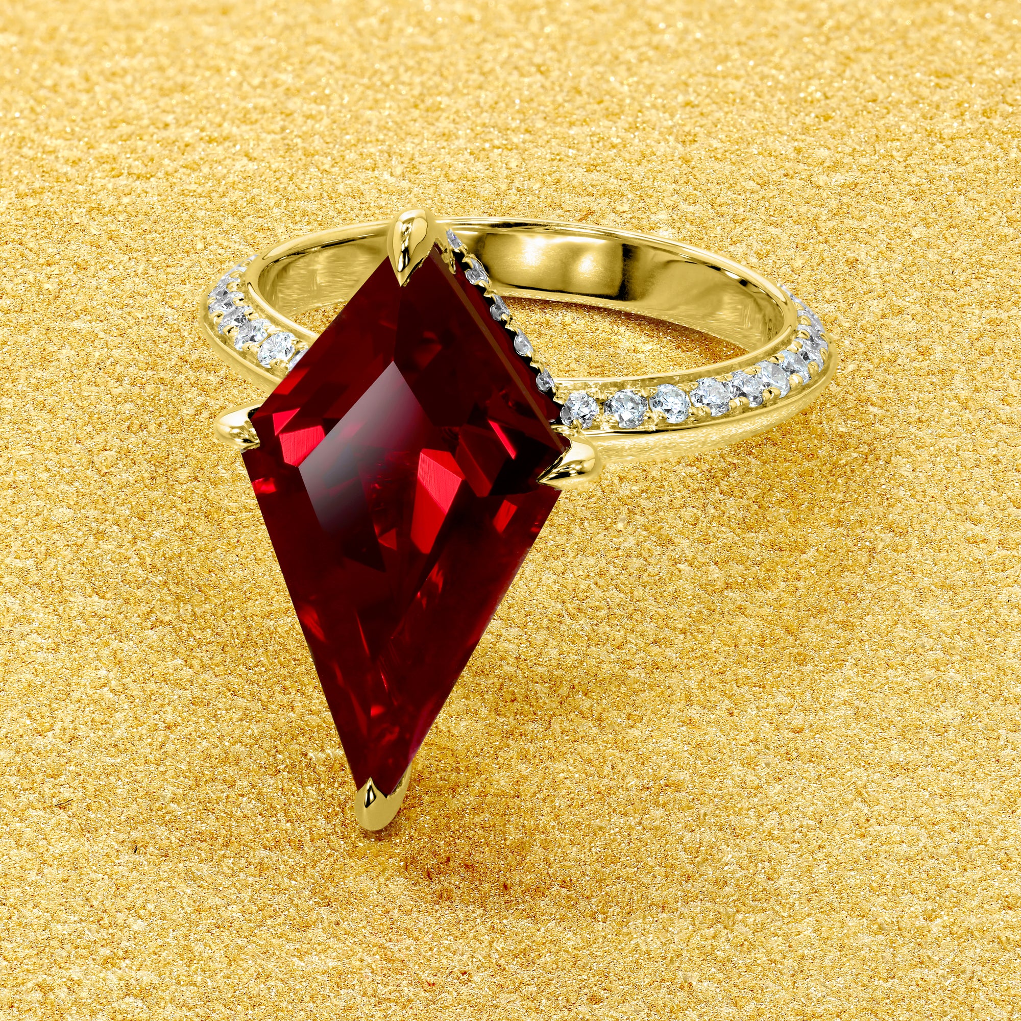 The Axis, 5.5ct Kite-Cut Lab-grown Ruby Hidden Eternity Halo Ring by Earthena Jewelry of Beverly HIlls.