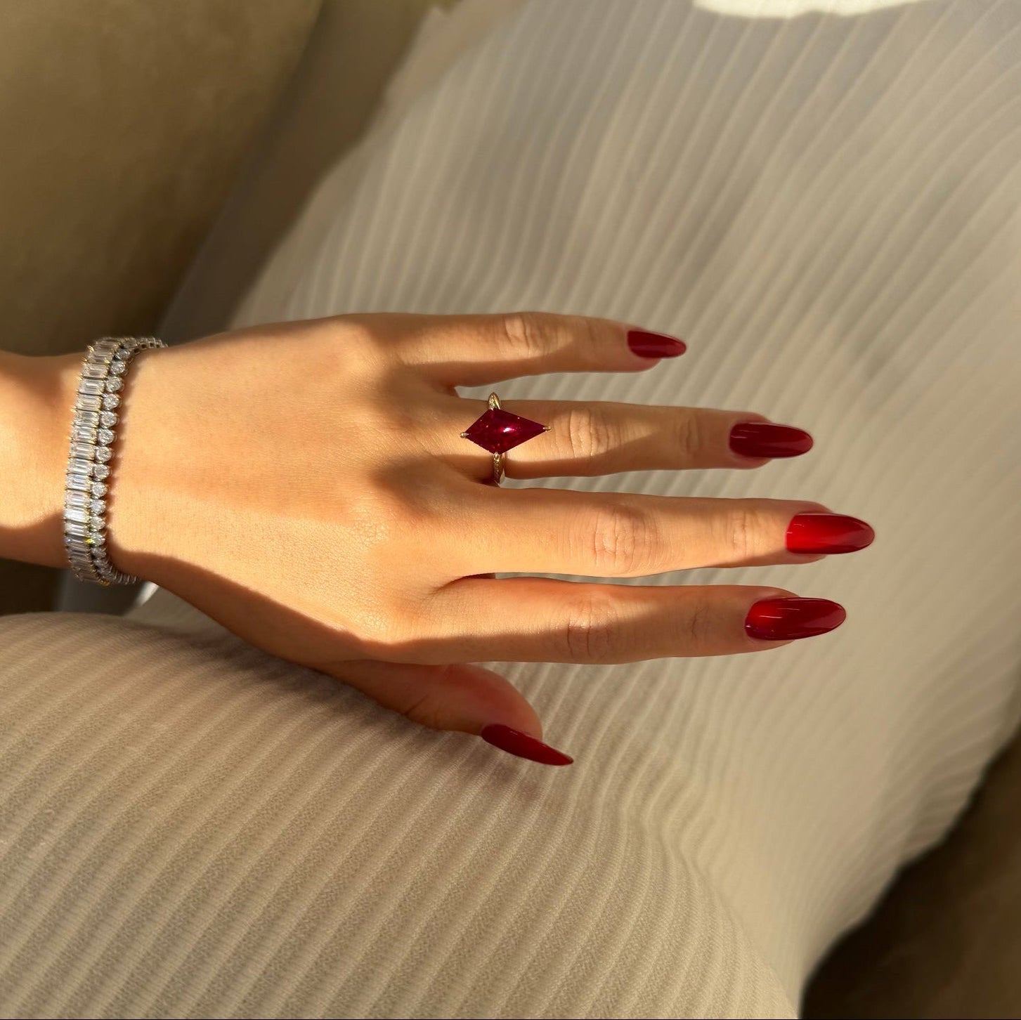 The Axis, 5.5ct Kite-Cut Lab-grown Ruby Hidden Eternity Halo Ring by Earthena Jewelry of Beverly Hills.