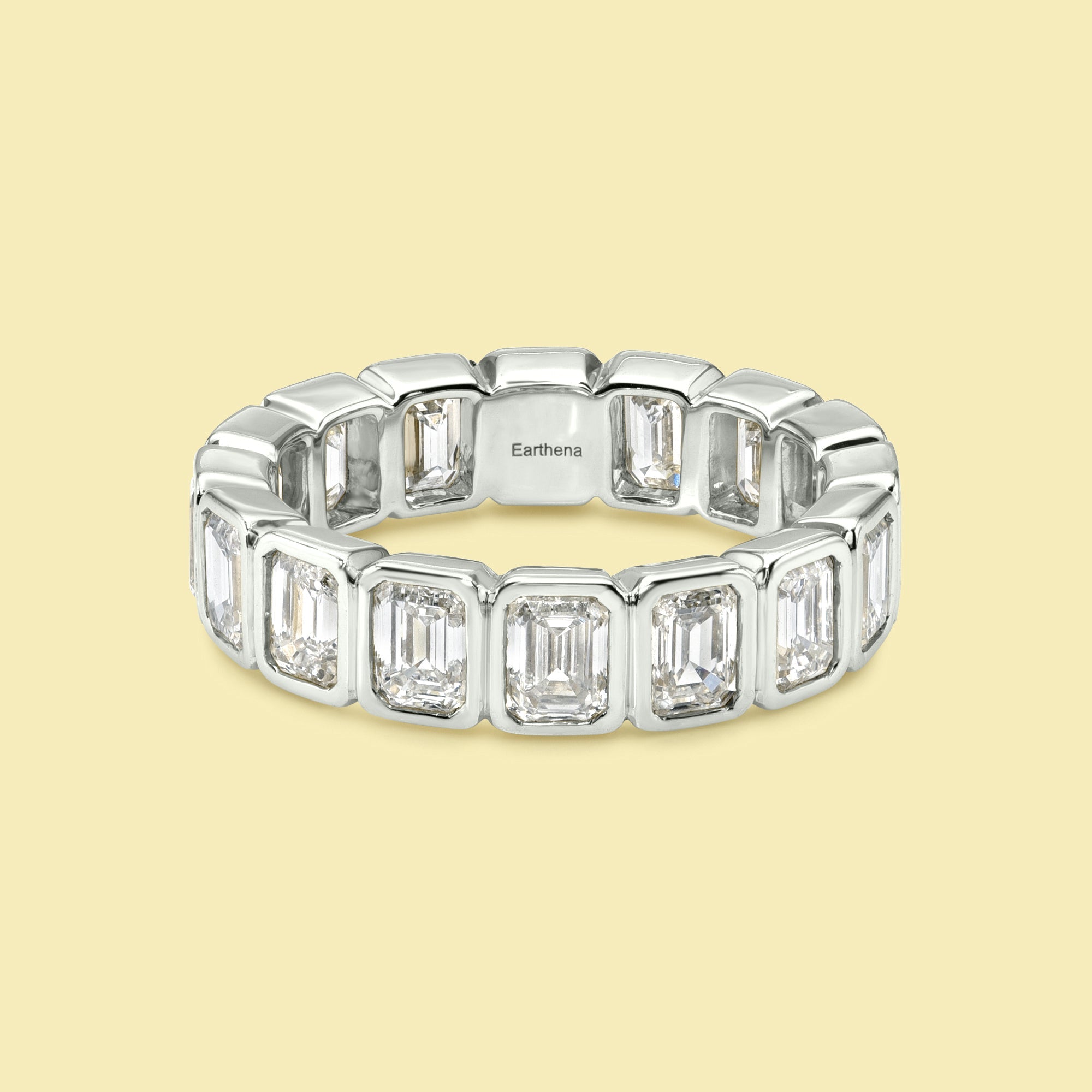 Charlotte Emerald cut Bezel Eternity Lab-grown Diamond Wedding Band Handcrafted in 14K gold, 18K gold, Platinum handcrafted in Los Angeles by Earthena Jewelry