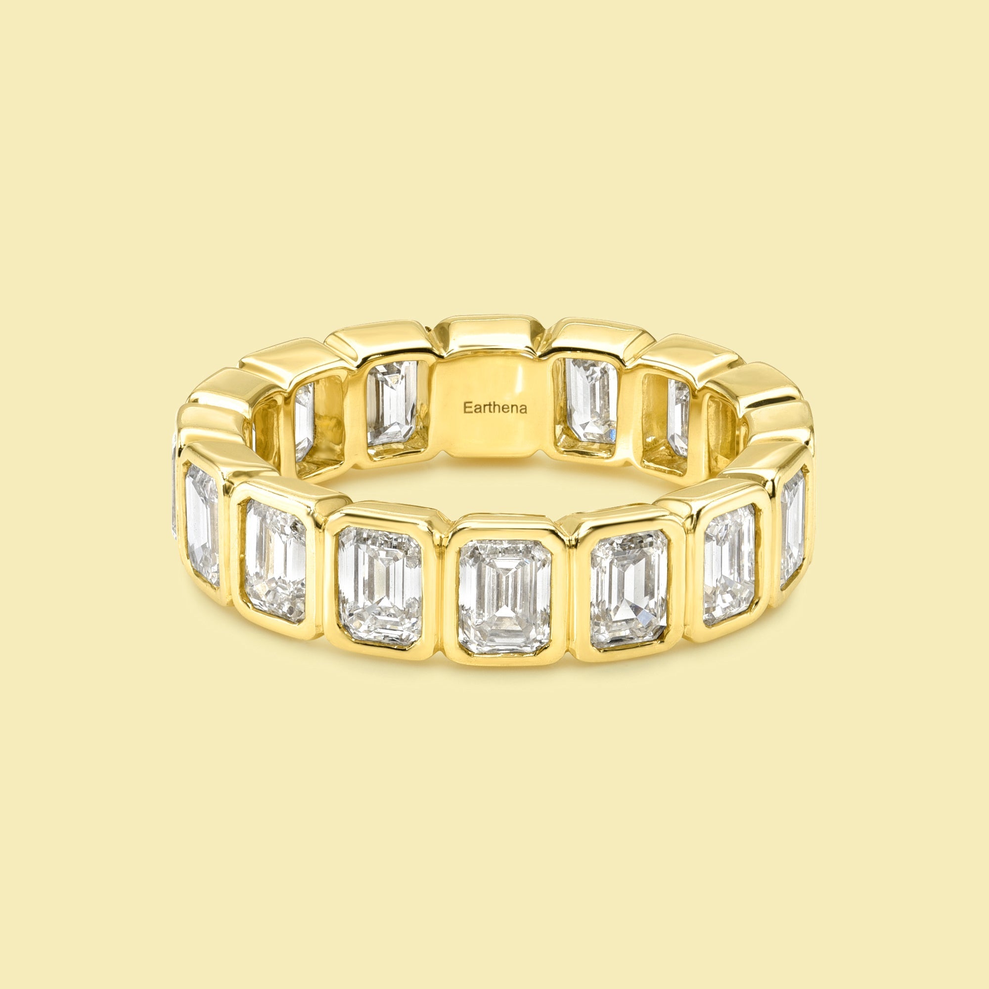 Charlotte Emerald cut Bezel Eternity Lab-grown Diamond Wedding Band Handcrafted in 14K gold, 18K gold, Platinum handcrafted in Los Angeles by Earthena Jewelry