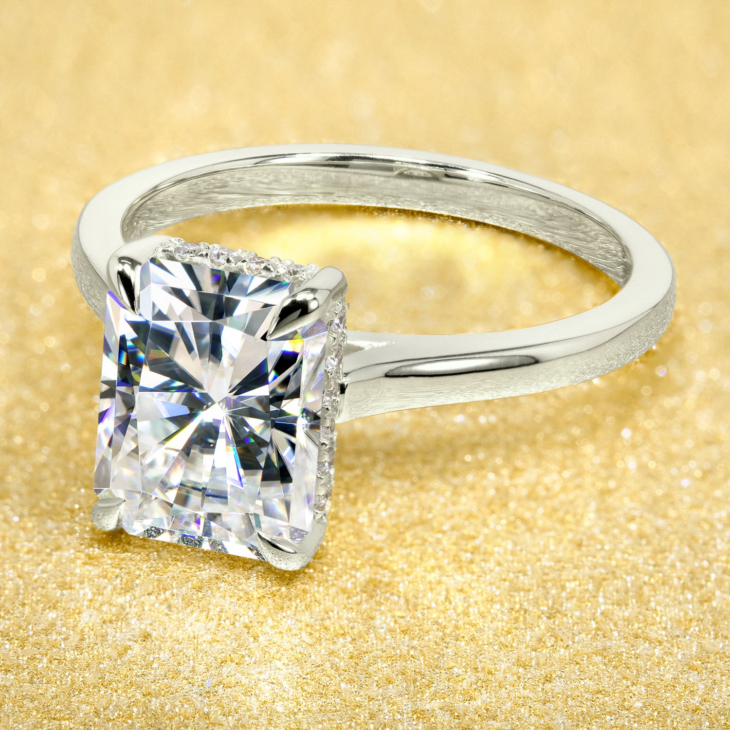 Classic 2.75ct Radiant-cut Cathedral Hidden Halo Moissanite and Diamond Engagement Ring | Earthena Jewelry