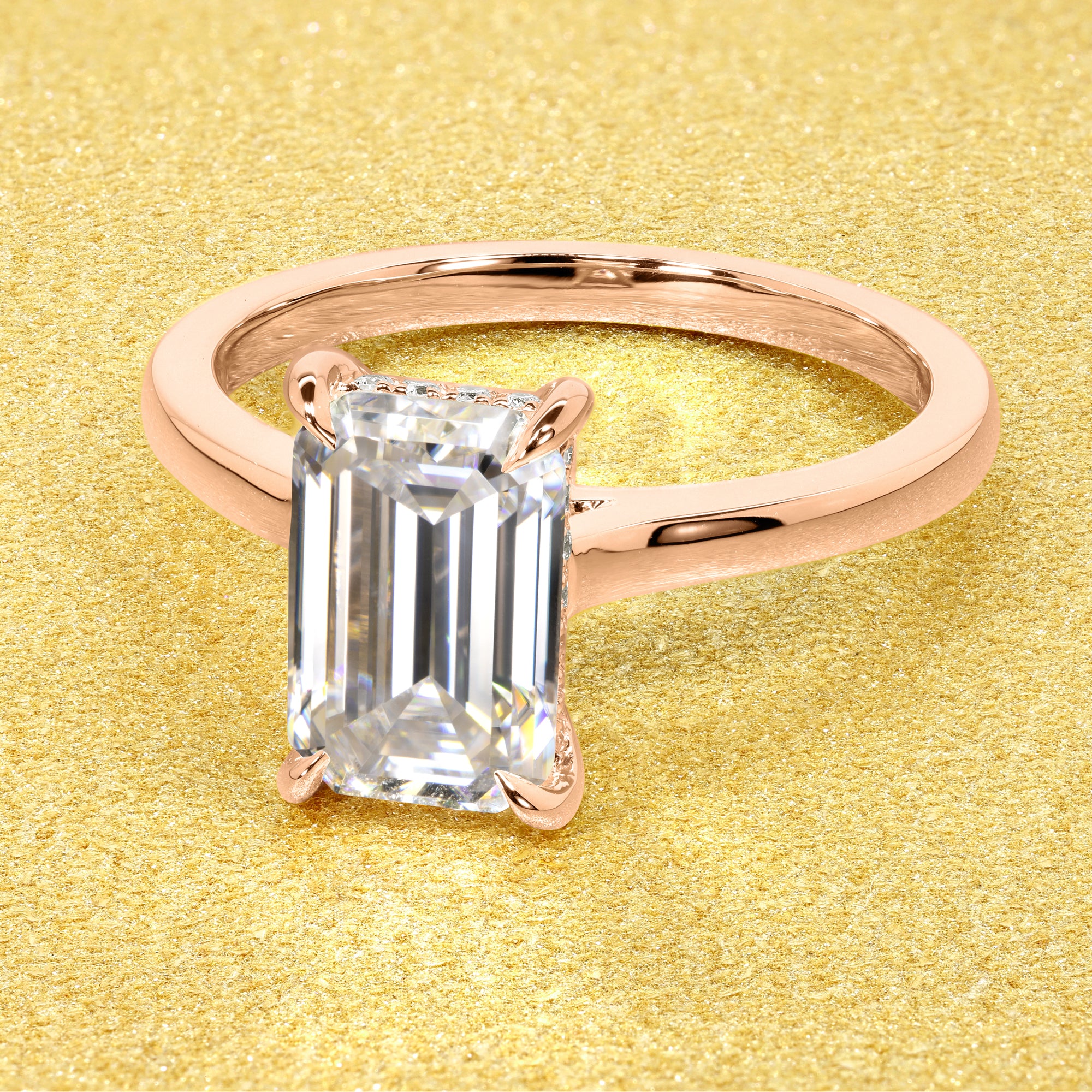 Classic 3ct Elongated Emerald-cut Hidden Halo Cathedral Style Solitaire Engagement ring in 14K gold, 18K gold, or Platinum handcrafted in Los Angeles by Earthena Jewelry