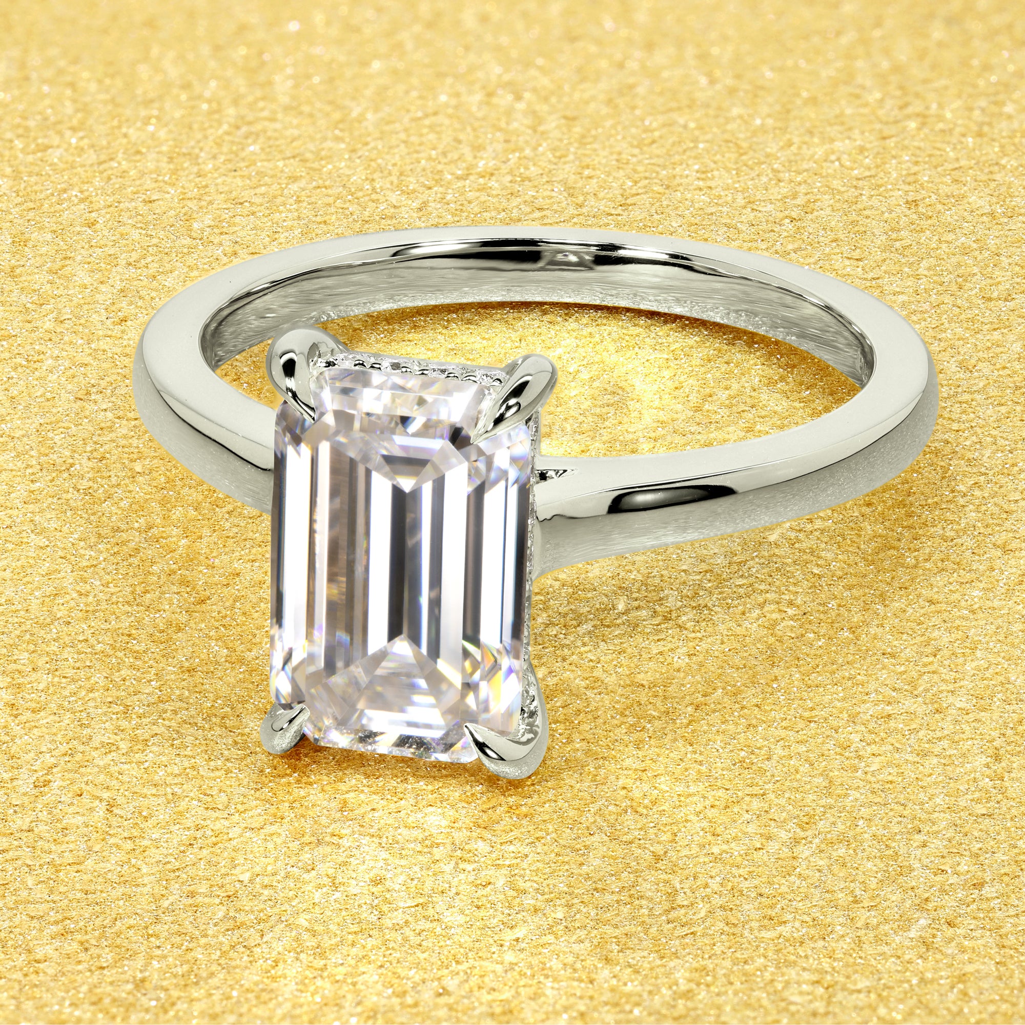 Classic 3ct Elongated Emerald-cut Hidden Halo Cathedral Style Solitaire Engagement ring in 14K gold, 18K gold, or Platinum handcrafted in Los Angeles by Earthena Jewelry