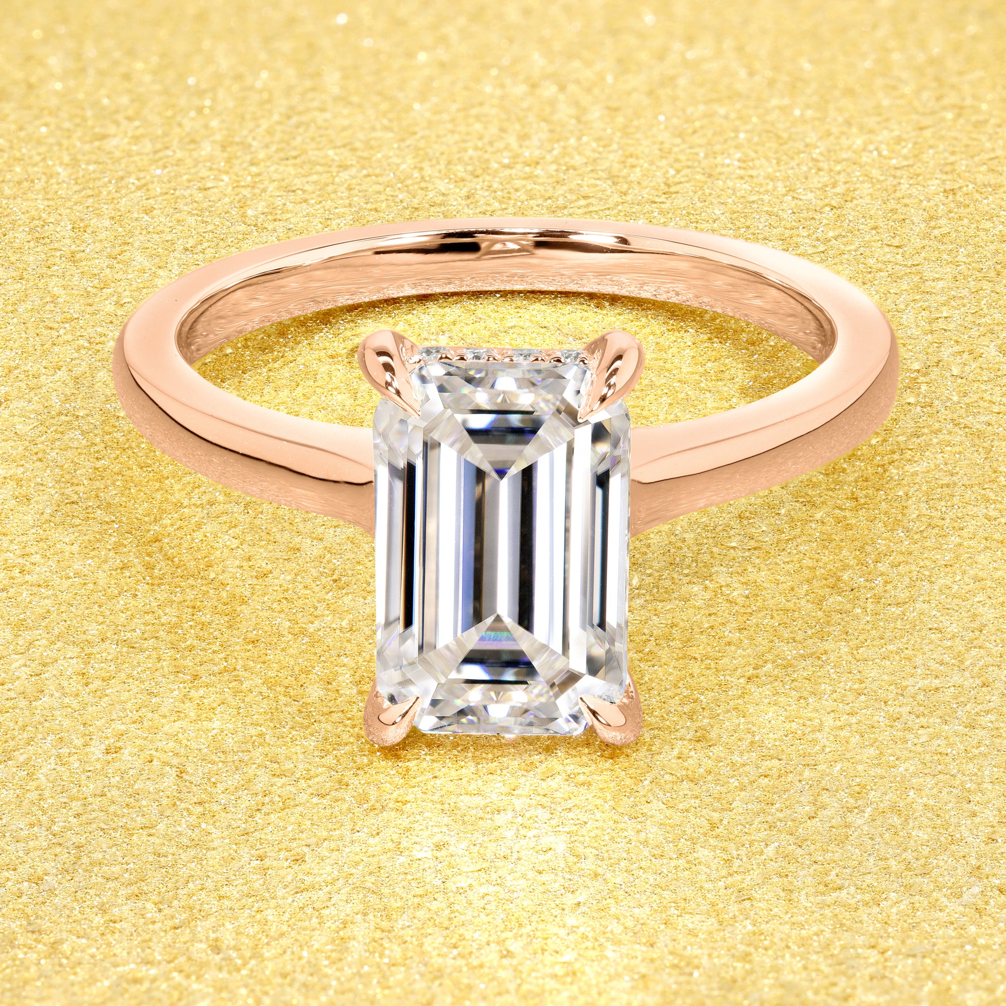 Classic 3ct Elongated Emerald-cut Hidden Halo Cathedral Style Solitaire Engagement ring in 14K gold, 18K gold, or Platinum handcrafted in Los Angeles by Earthena Jewelry