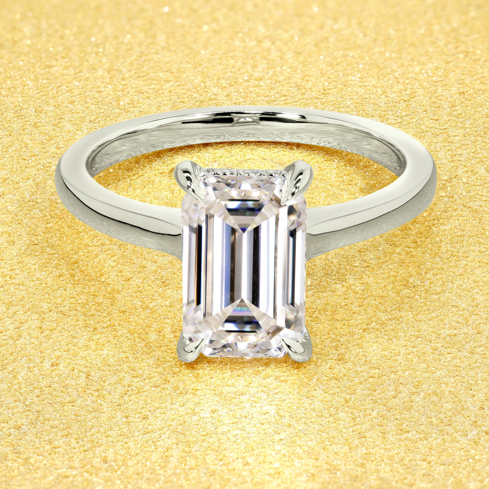 Classic 3ct Elongated Emerald-cut Hidden Halo Cathedral Style Solitaire Engagement ring in 14K gold, 18K gold, or Platinum handcrafted in Los Angeles by Earthena Jewelry