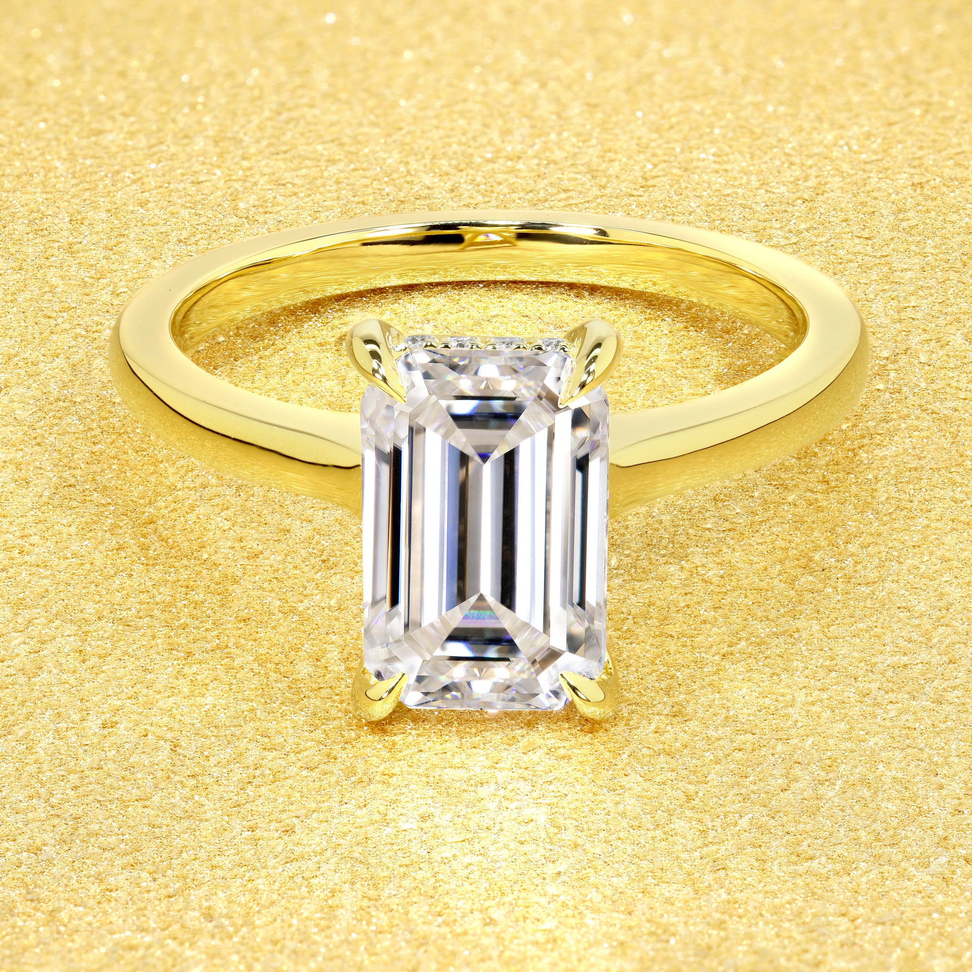 Classic 3ct Elongated Emerald-cut Hidden Halo Cathedral Style Solitaire Engagement ring in 14K gold, 18K gold, or Platinum handcrafted in Los Angeles by Earthena Jewelry