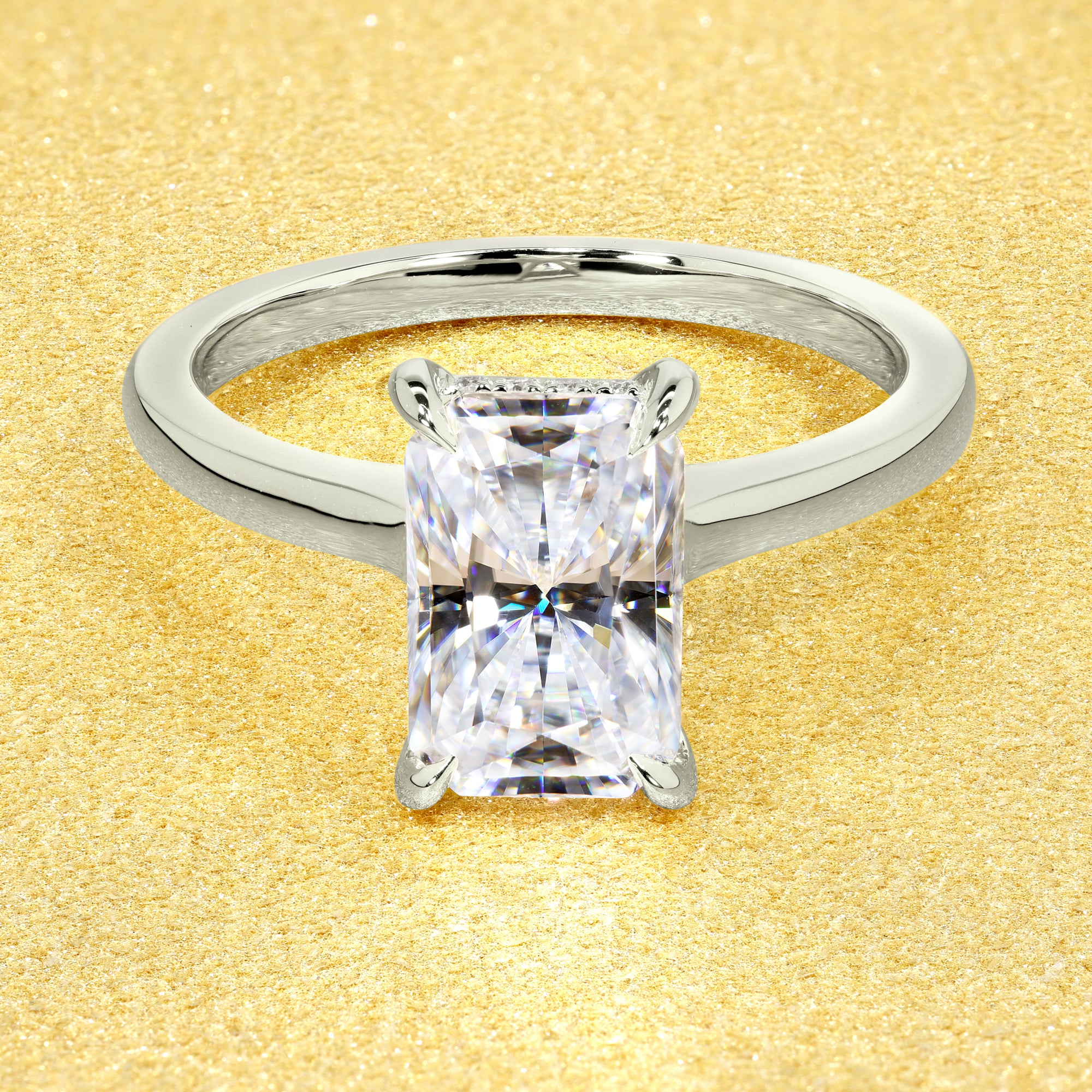 Classic 3ct Elongated Radiant-cut Hidden Halo Cathedral Style Solitaire Engagement ring in 14K gold, 18K gold, or Platinum handcrafted in Los Angeles by Earthena Jewelry