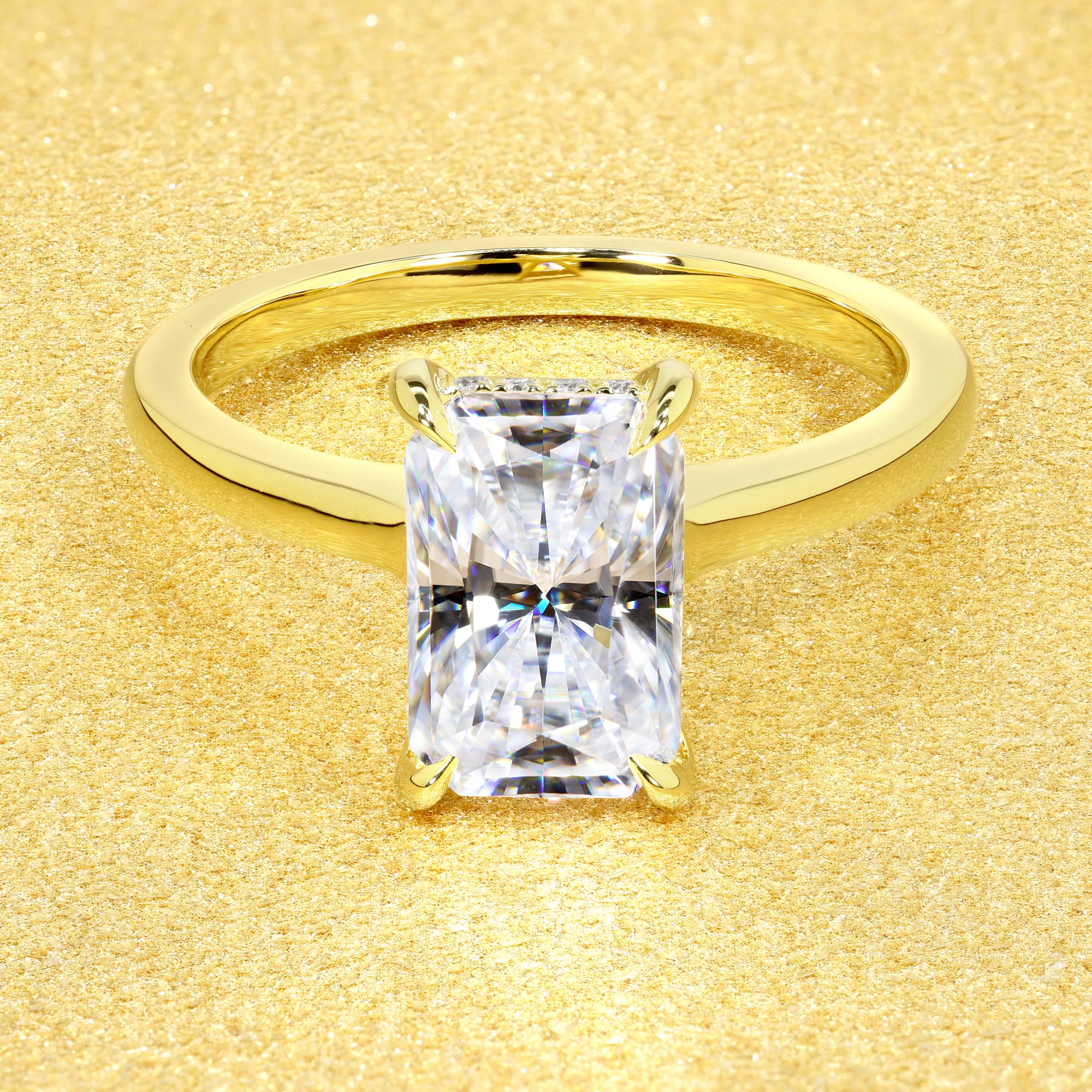 Classic 3ct Elongated Radiant-cut Hidden Halo Cathedral Style Solitaire Engagement ring in 14K gold, 18K gold, or Platinum handcrafted in Los Angeles by Earthena Jewelry