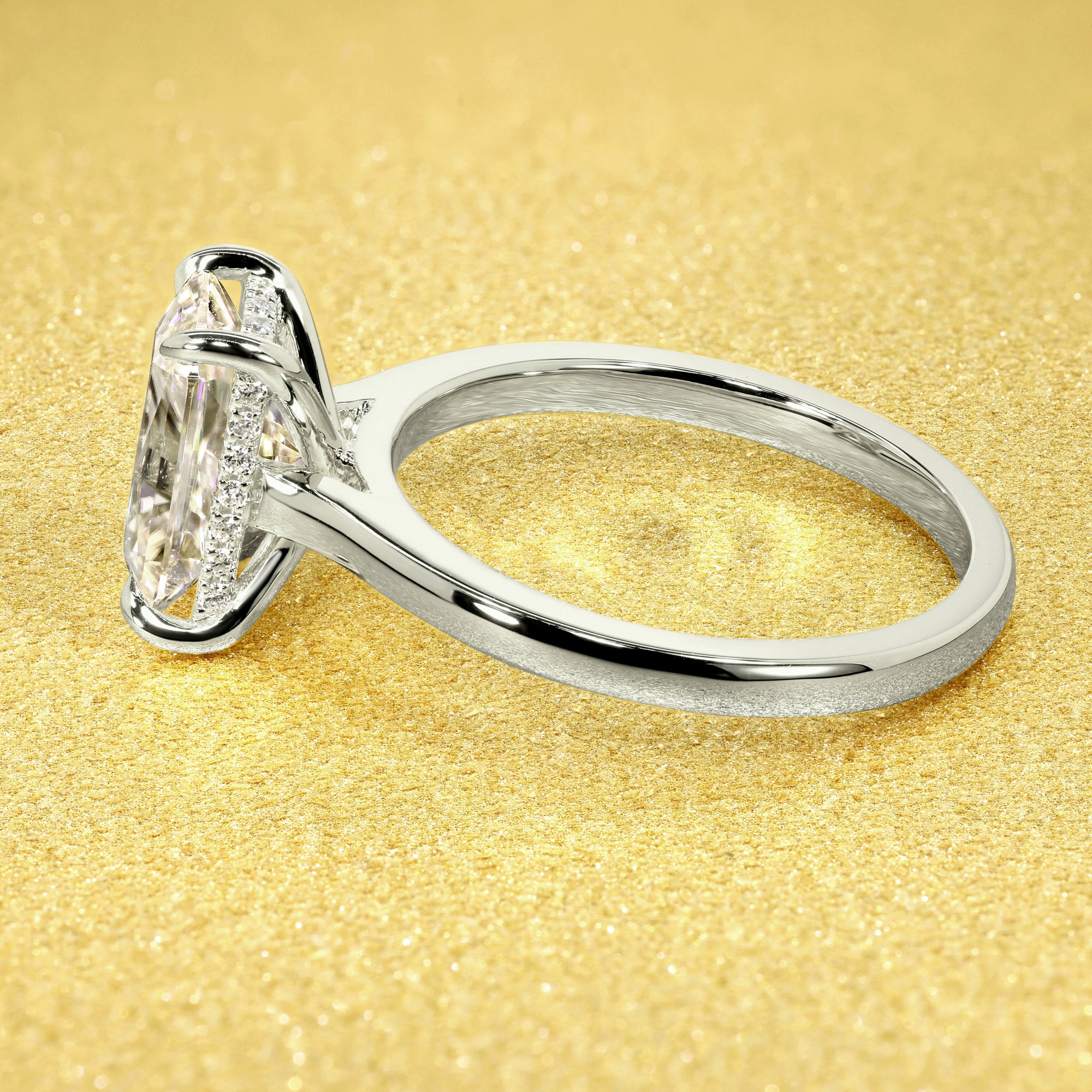 Classic 3ct Elongated Emerald-cut Hidden Halo Cathedral Style Solitaire Engagement ring in 14K gold, 18K gold, or Platinum handcrafted in Los Angeles by Earthena Jewelry