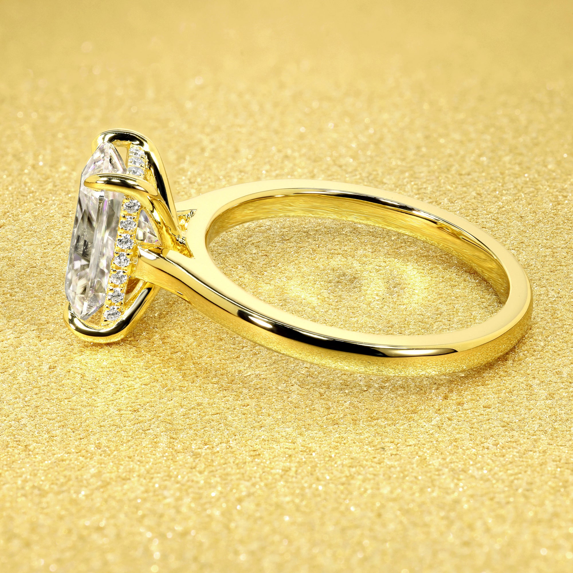 Classic 3ct Elongated Radiant-cut Hidden Halo Cathedral Style Solitaire Engagement ring in 14K gold, 18K gold, or Platinum handcrafted in Los Angeles by Earthena Jewelry