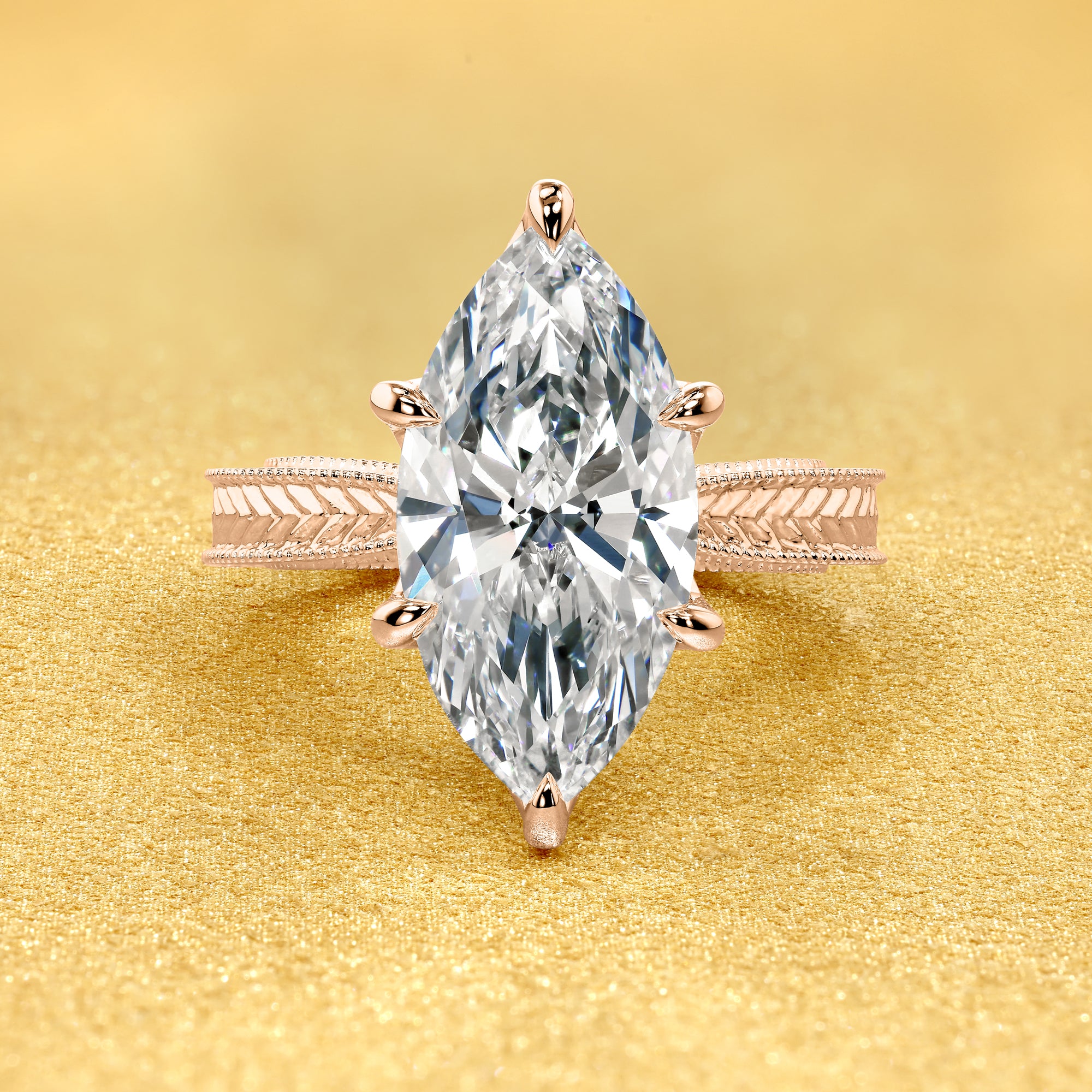 Classic Elizabeth 4ct Marquise Brilliant-Cut Lab-Grown Diamond Engraved Vintage-Inspired Tulip Engagement Ring in 14K Gold, 18K Gold, or Platinum by Earthena Jewelry of Beverly Hills.