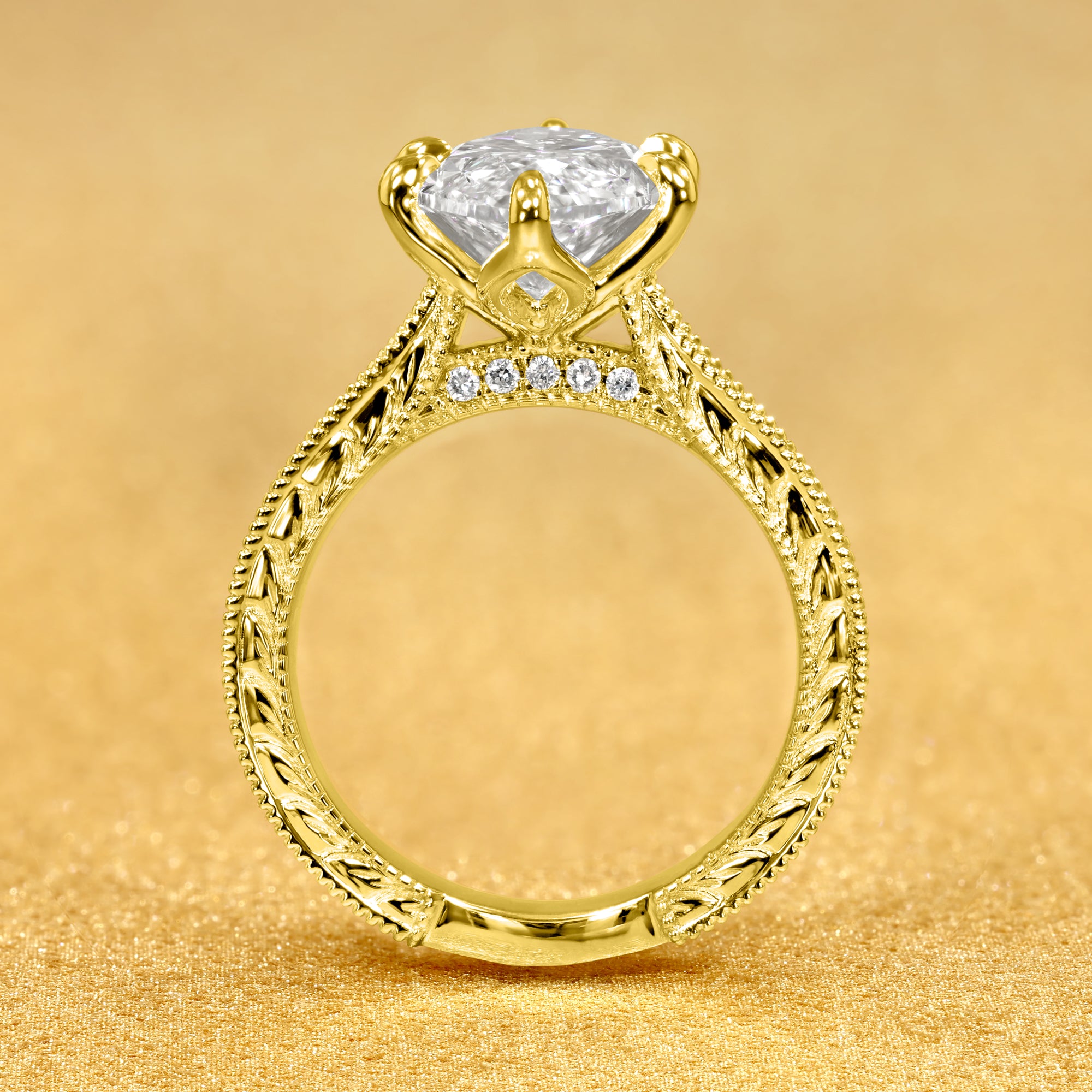 Classic Elizabeth 4ct Marquise Brilliant-Cut Lab-Grown Diamond Engraved Vintage-Inspired Tulip Engagement Ring in 14K Gold, 18K Gold, or Platinum by Earthena Jewelry of Beverly Hills.